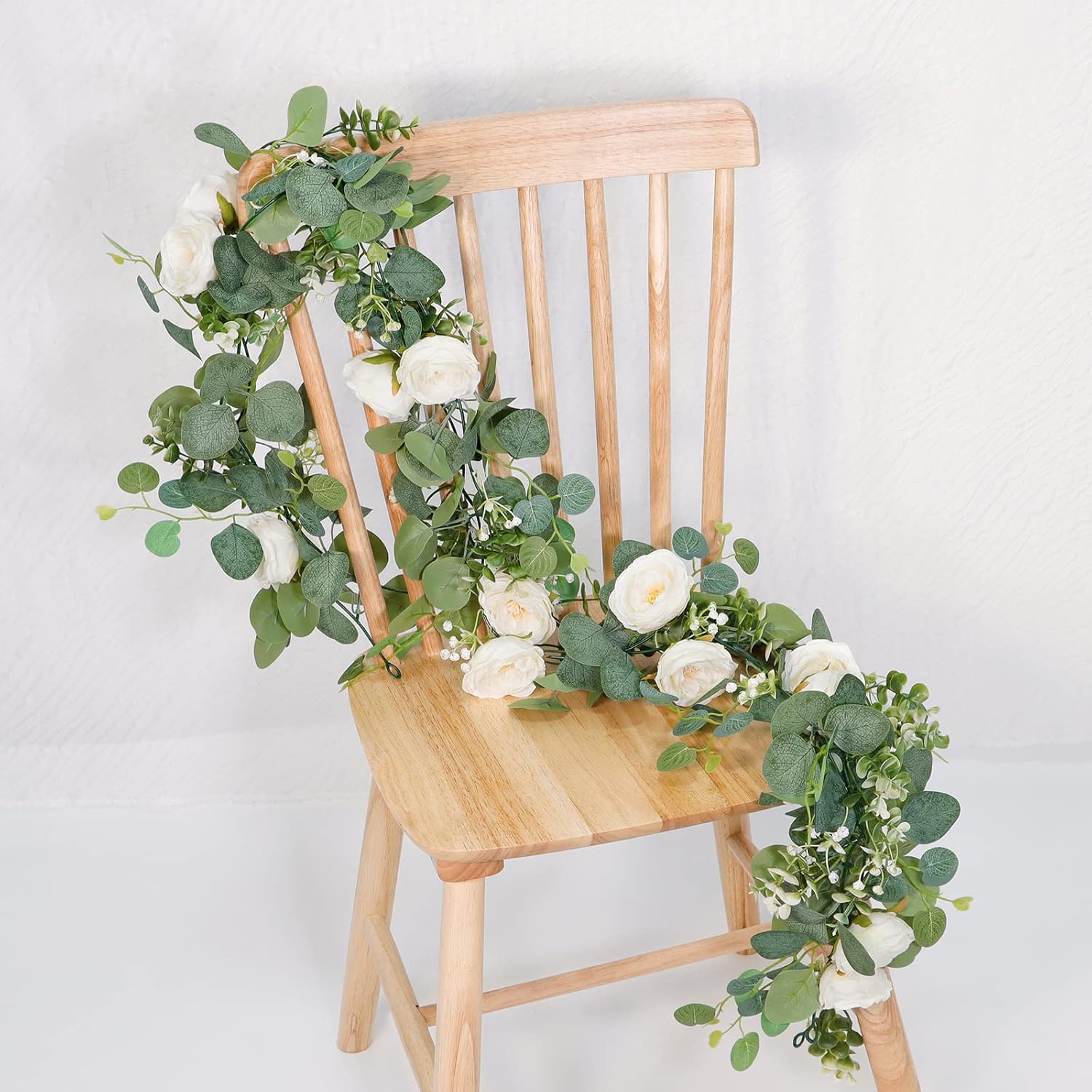 TOCHGREEN Artificial Eucalyptus Garland with White Roses 2 Pack