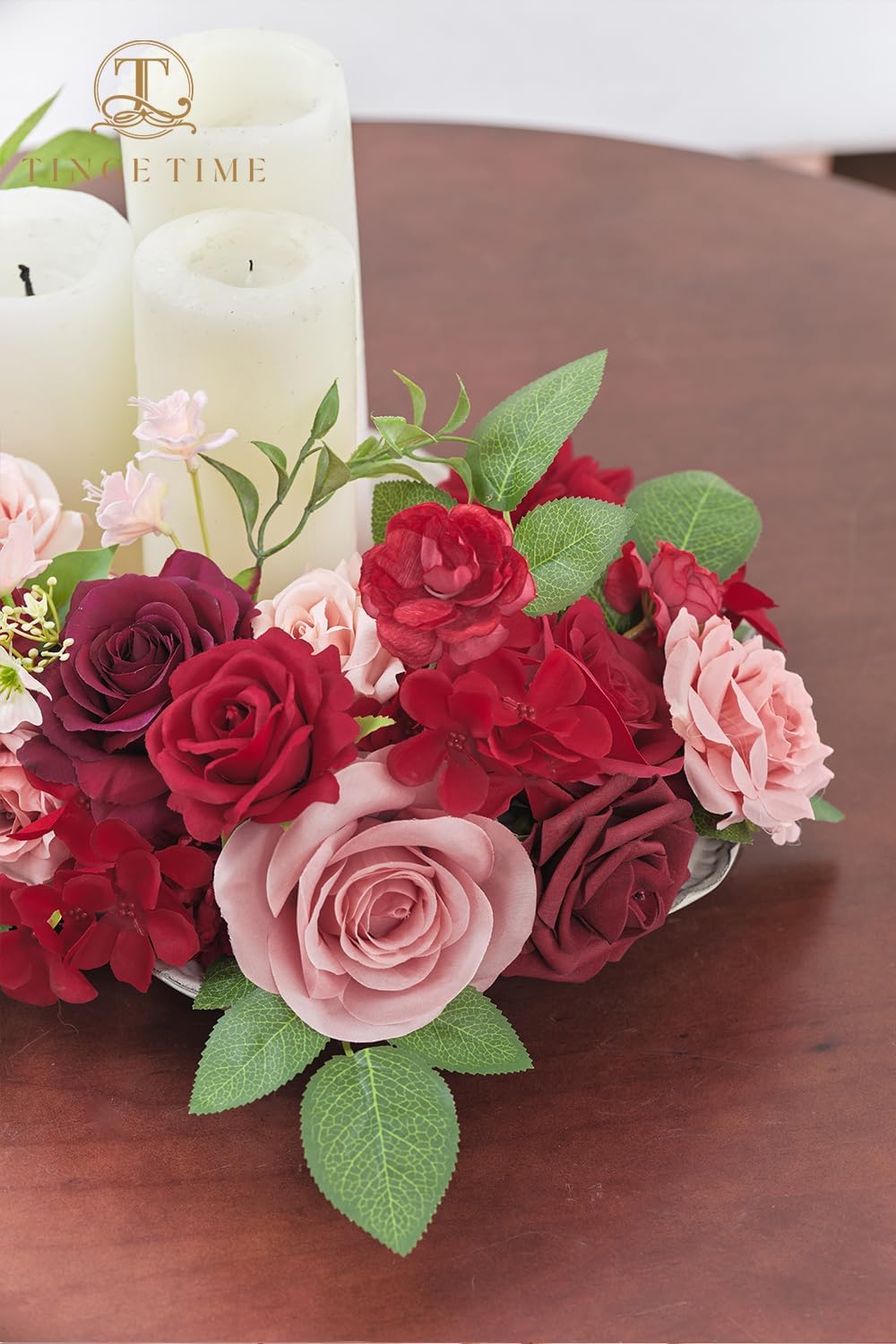 TINGE TIME Burgundy Silk Roses and Dahlias Artificial Flower Set