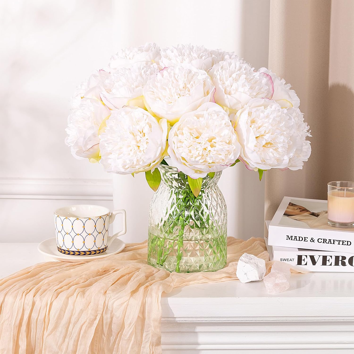 UArtlines 2 Bouquet 10 Heads Artificial Peony Decor Cream White
