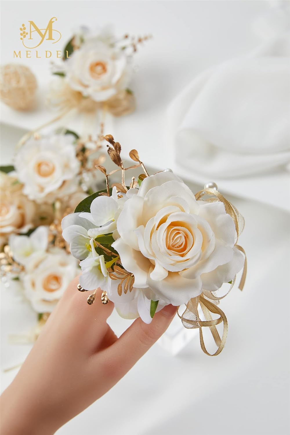 Meldel Artificial Champagne Rose Wrist Corsage Set of 6
