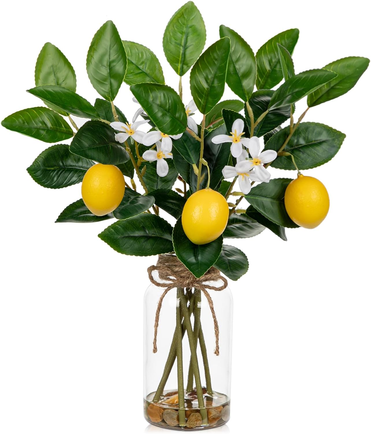 Oairse Artificial Lemon Stems in Glass Vase with Faux Water