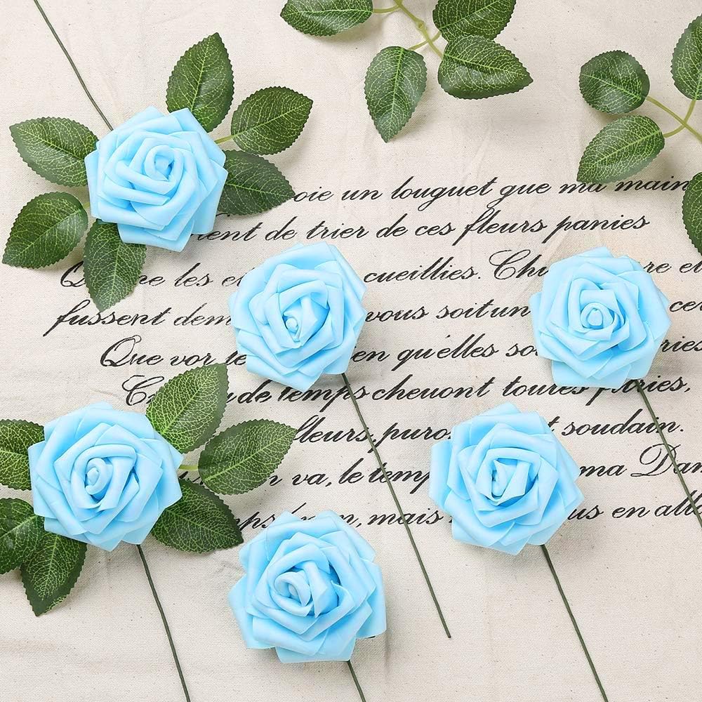 IPOPU 30pcs Baby Blue Roses Artificial Flowers with Stems