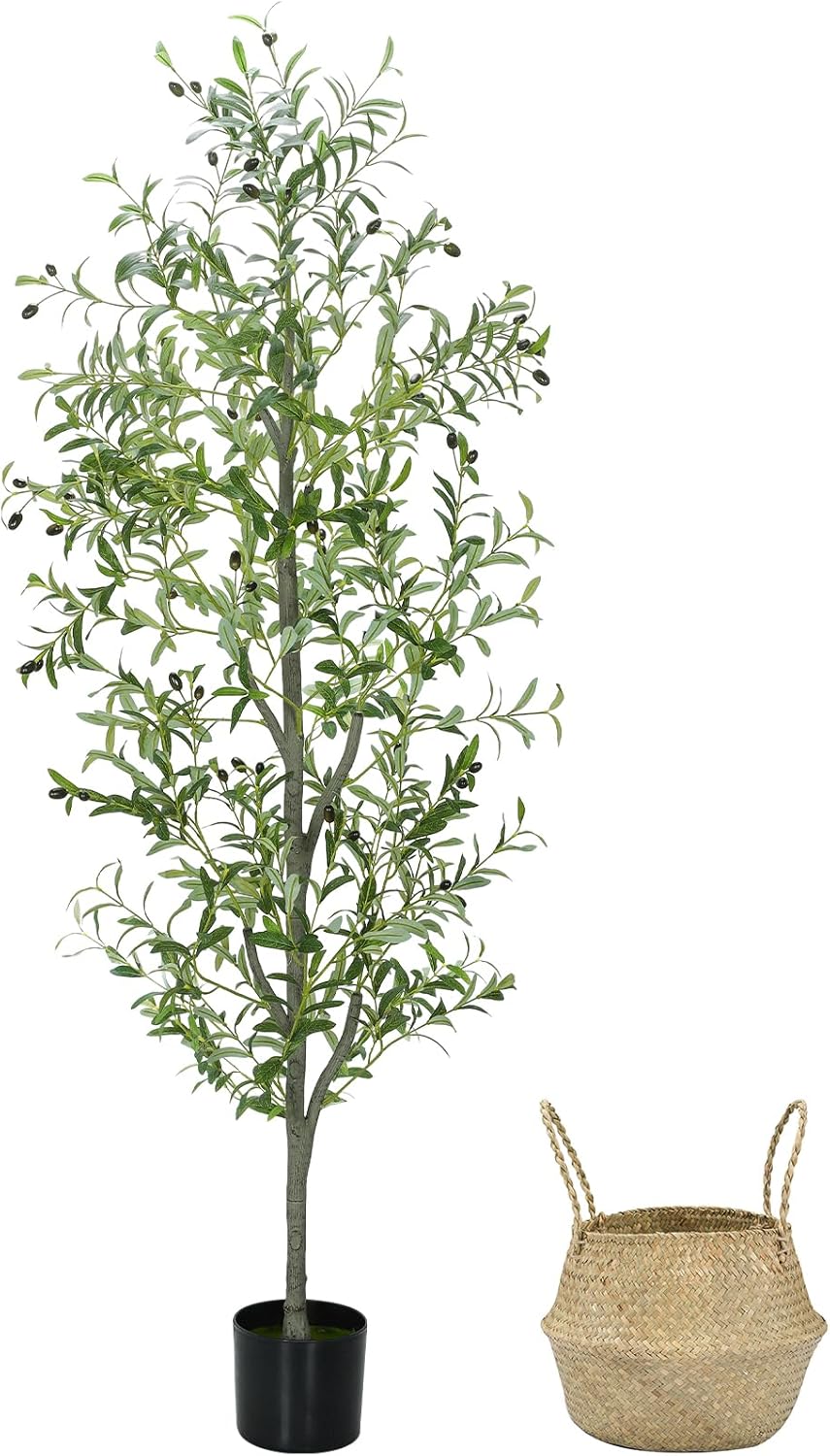 Liyarya 6FT Artificial Olive Tree with Wicker Basket and Black Pot