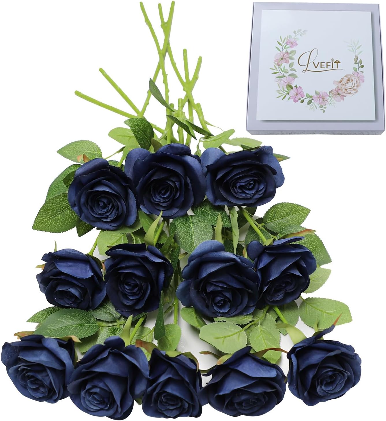LVEFIT Artificial Rose Bouquet with 12 Pcs Long Stem Silk Roses Navy Blue