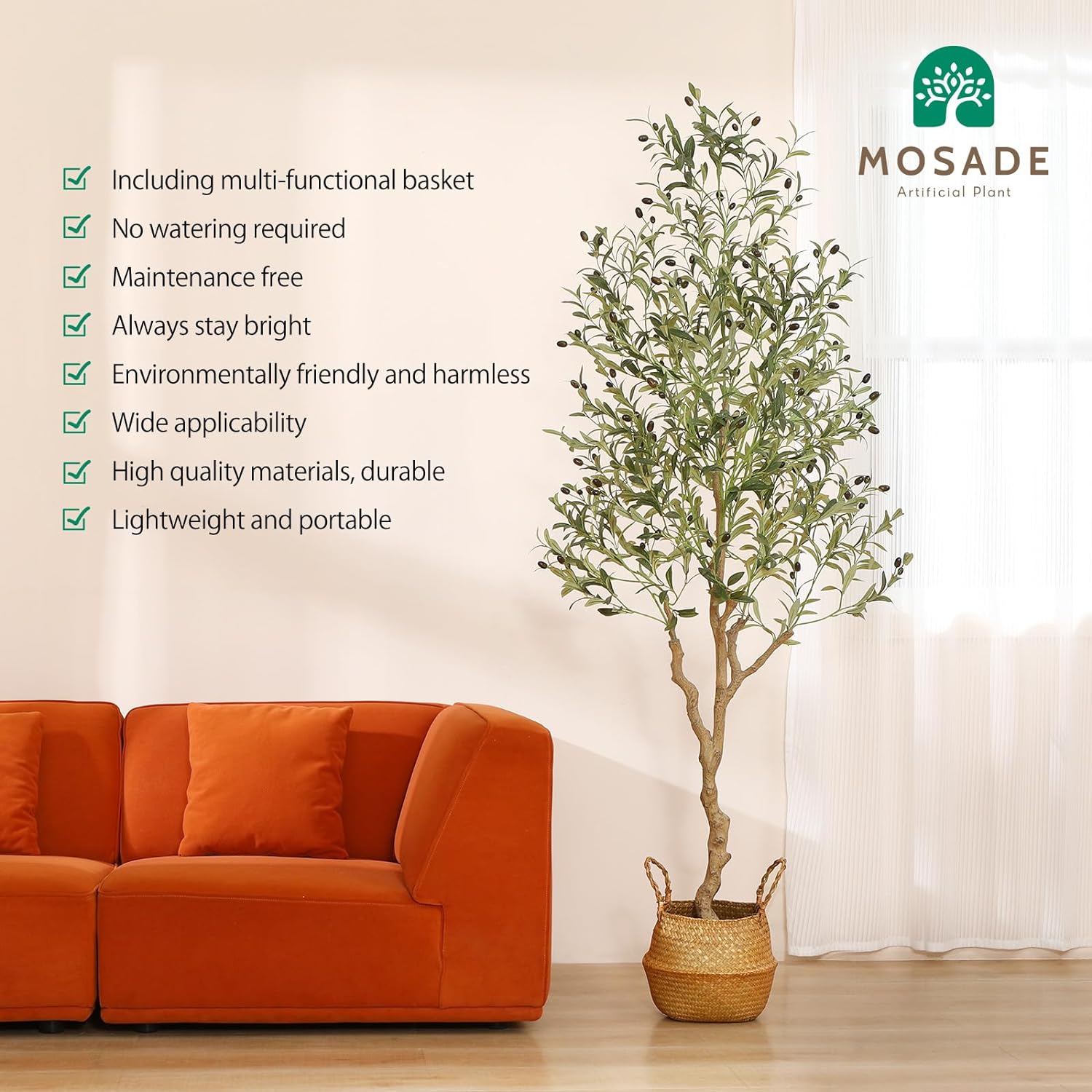MOSADE 7 Feet Artificial Olive Tree with Seagrass Basket