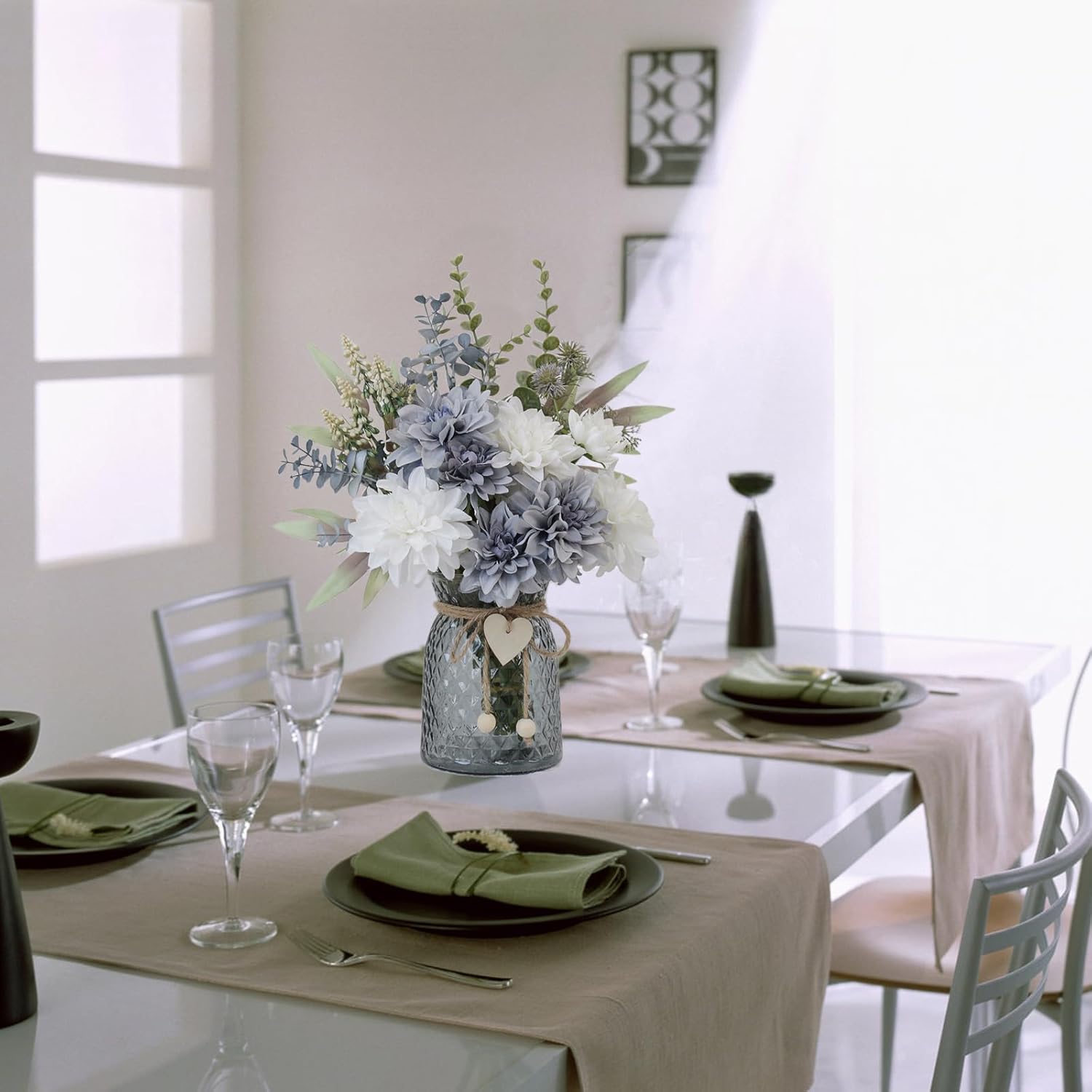 8 Blue and White Artificial Dahlias in Vase with Holder