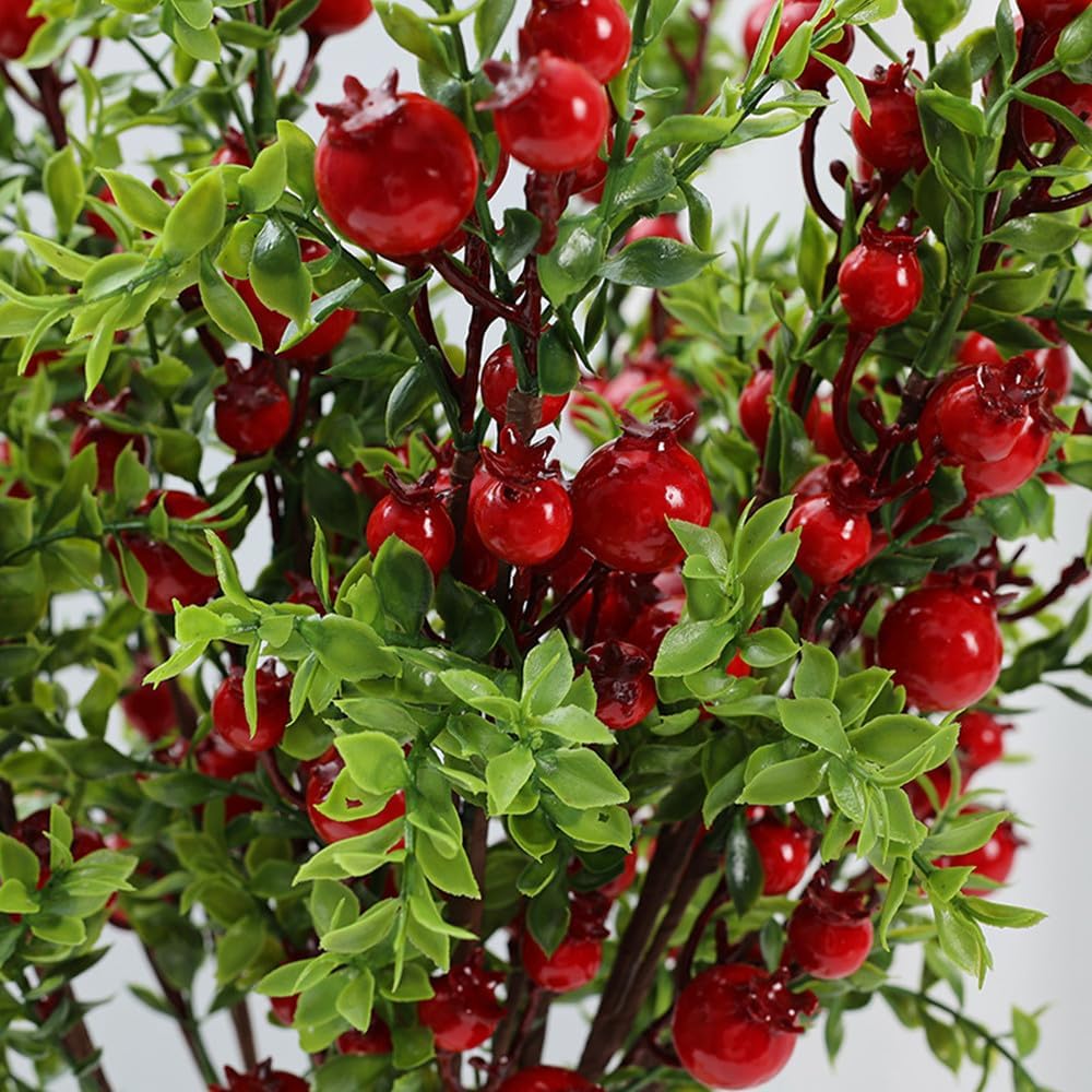 3 Pcs Artificial Pomegranate Branches with Red Berries and Green Leaves