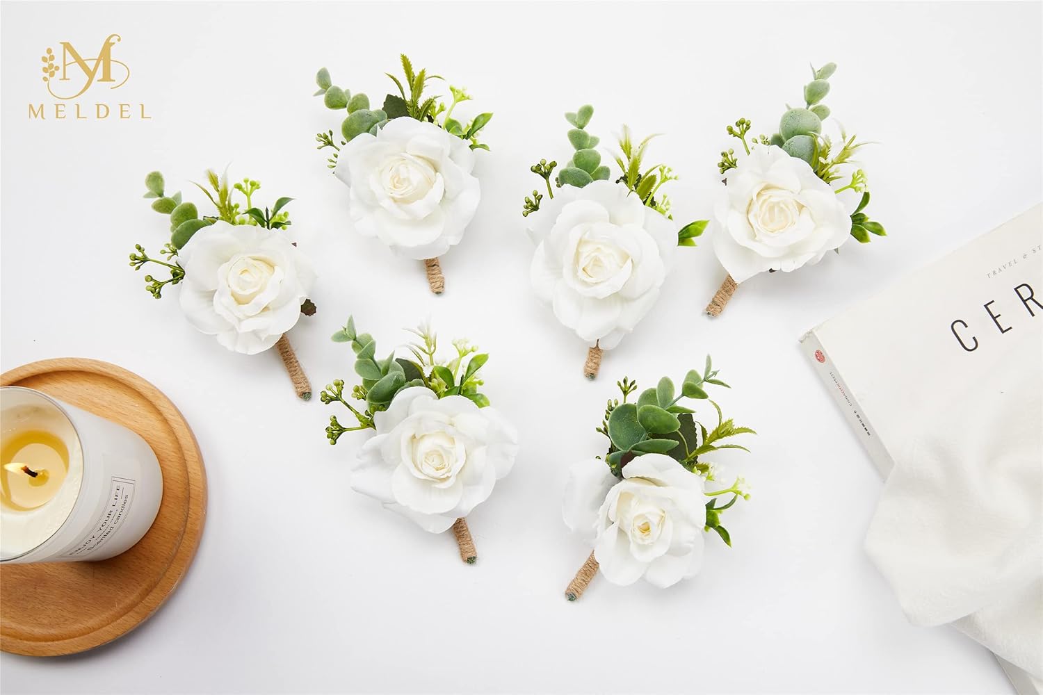 Meldel Ivory Rose Boutonniere Set of 6 for Men 1