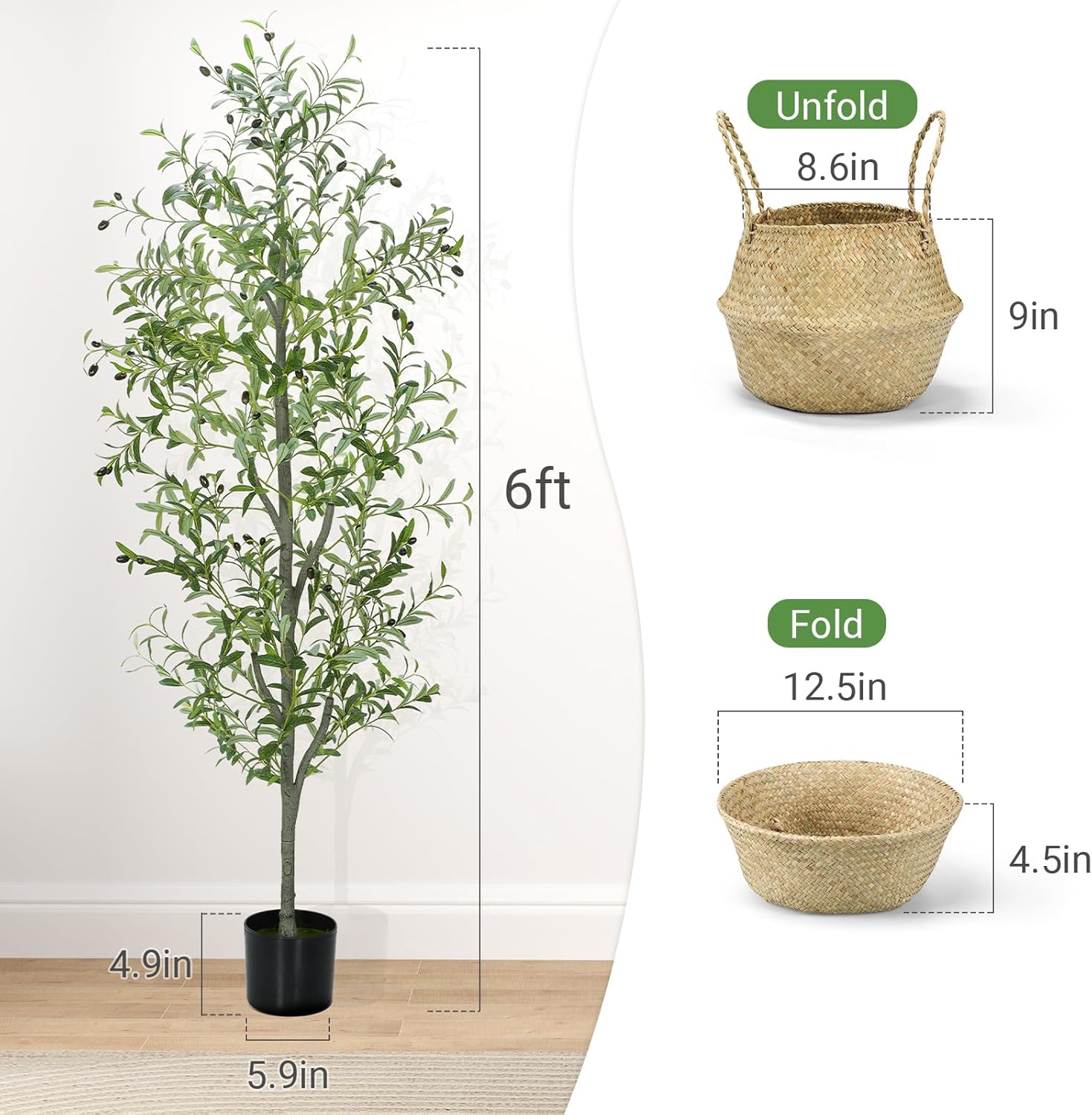 Liyarya 6FT Artificial Olive Tree with Wicker Basket and Black Pot