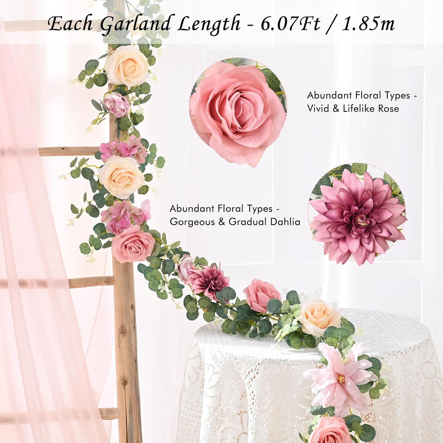 Waipfaru Pink Floral Rose Garland Decor 607ft