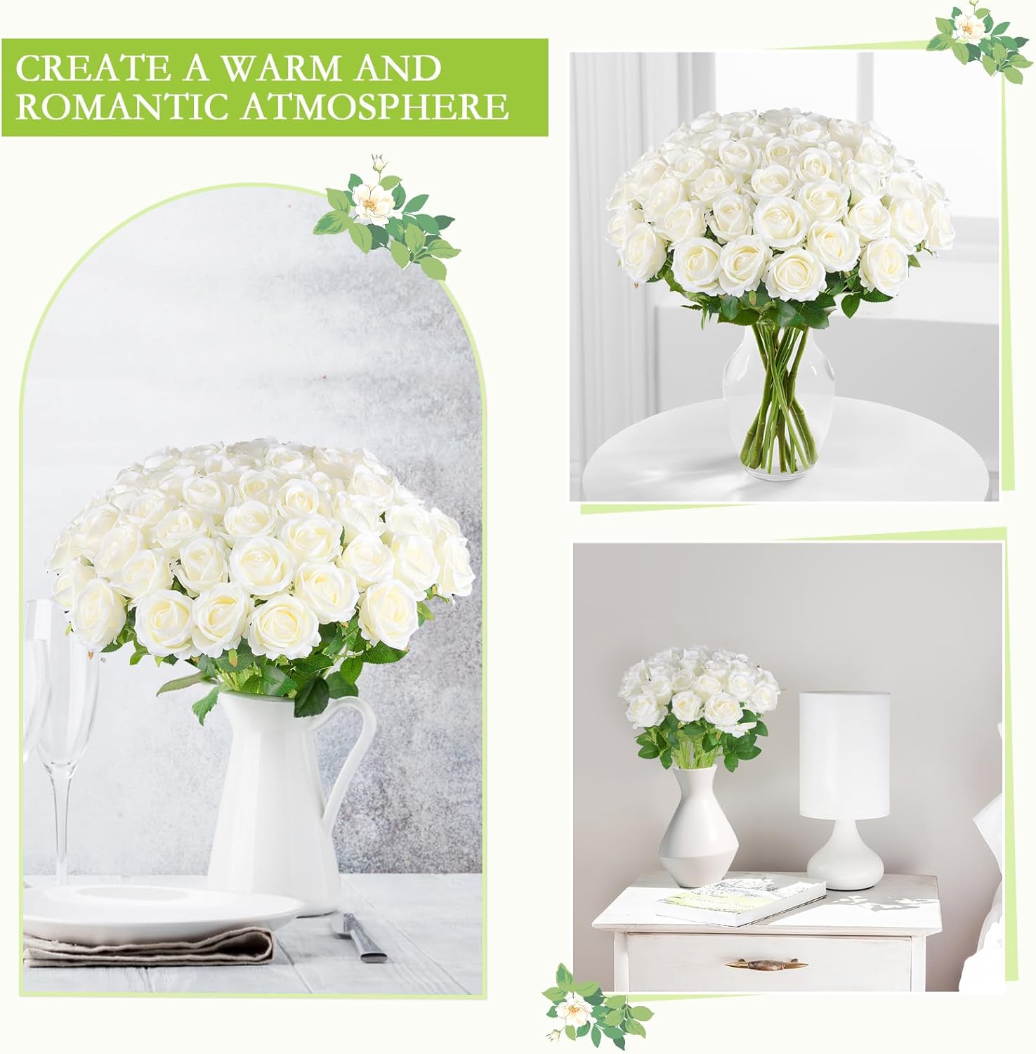 Hananona 50 Pcs Artificial Roses White Bulk