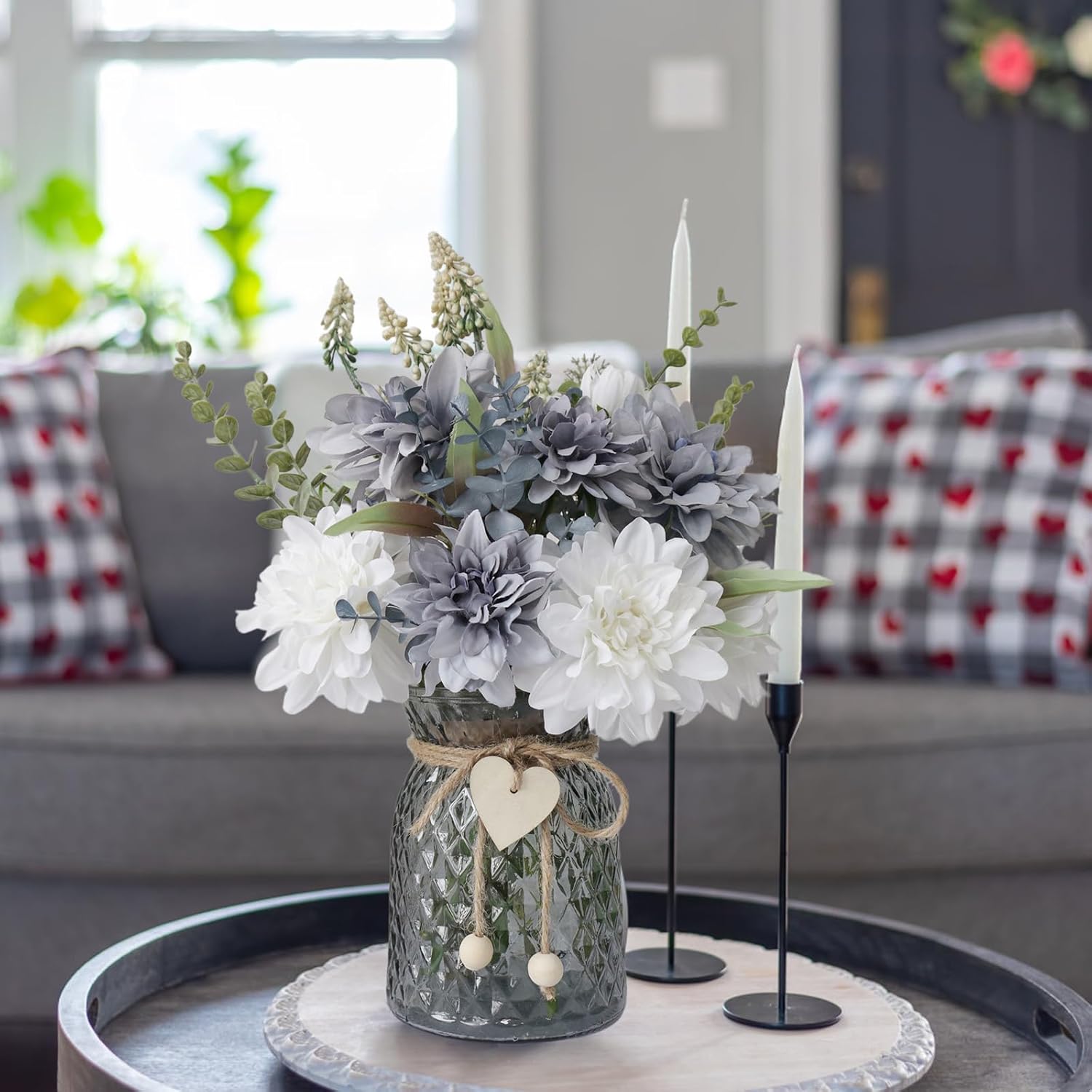 8 Blue and White Artificial Dahlias in Vase with Holder