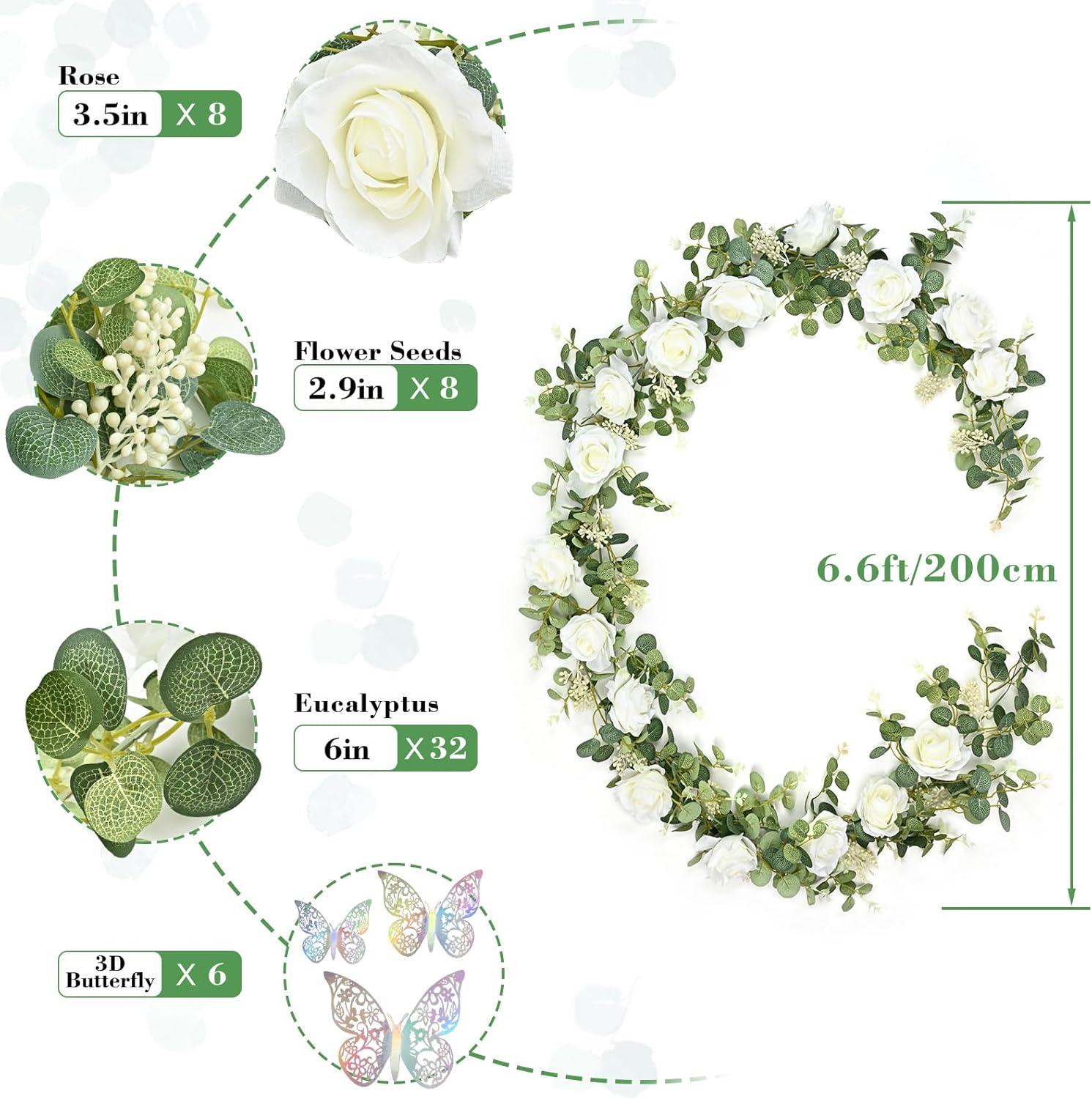 Yastouay 66 Ft White Flower Garland with 3D Butterflies