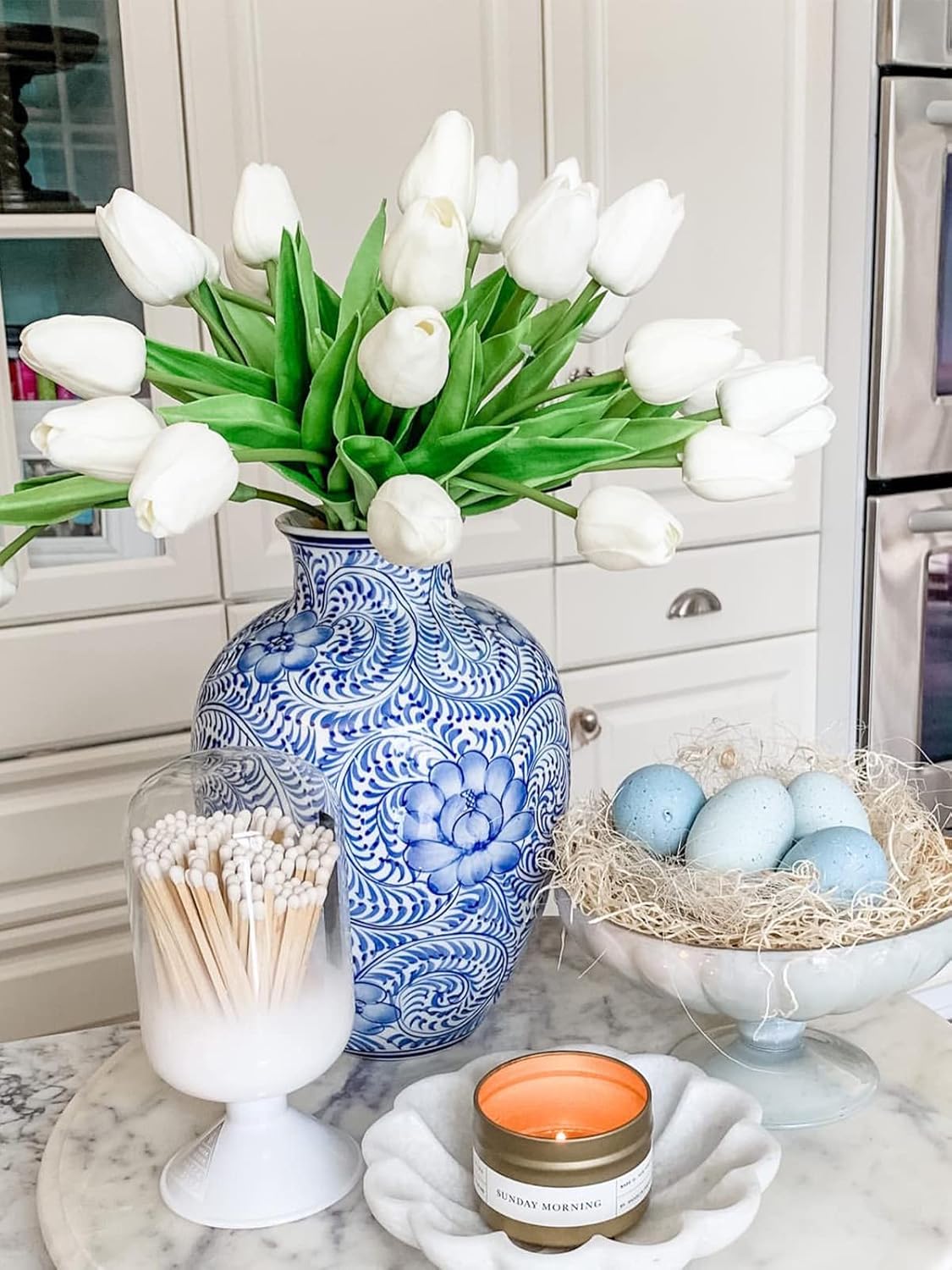 Beferr White Tulips Artificial Flowers 18Pcs Bouquet Set
