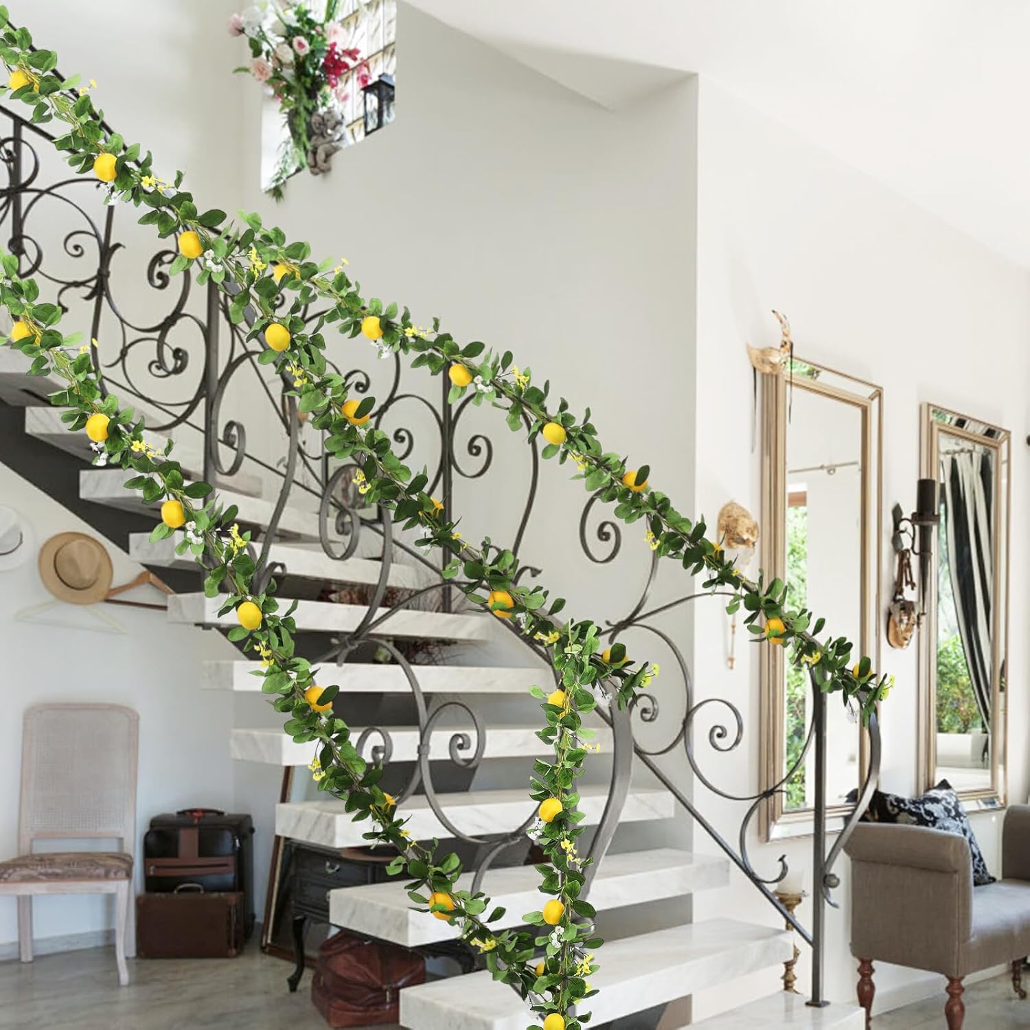 DULRLLY 66 Ft Artificial Lemon Garland with Yellow Fake Lemons and Flowers