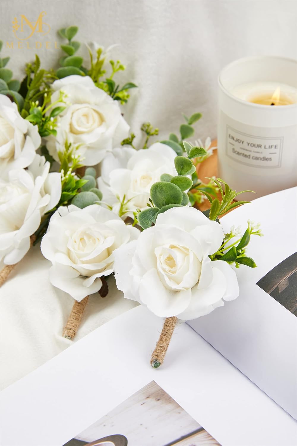 Meldel Ivory Rose Boutonniere Set of 6 for Men 1