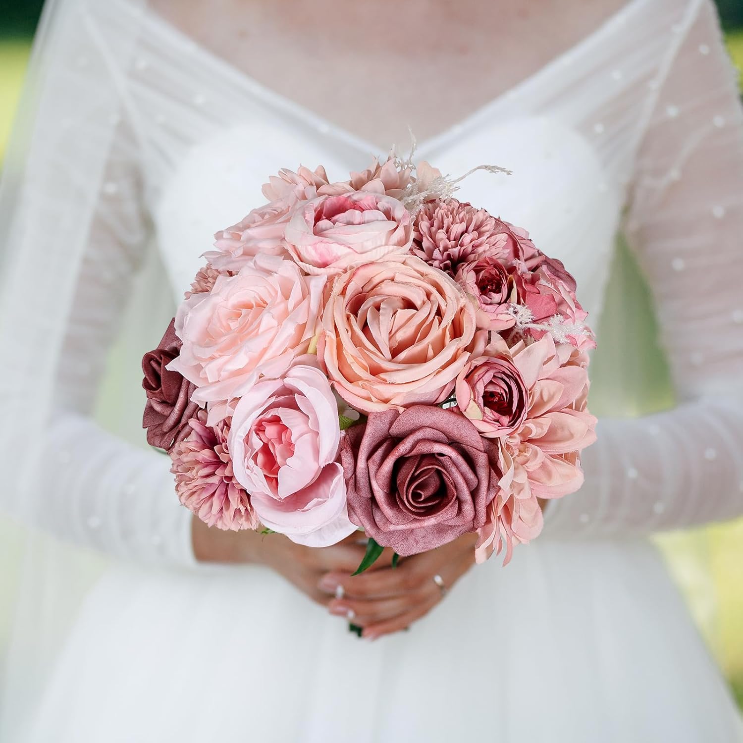 Dusty Pink Artificial Roses with Stems Bouquet Set