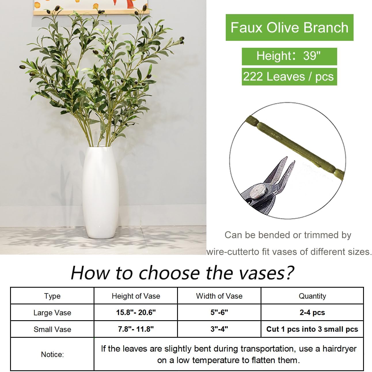 Heleze 39 Inch Artificial Olive Branches 4PCS