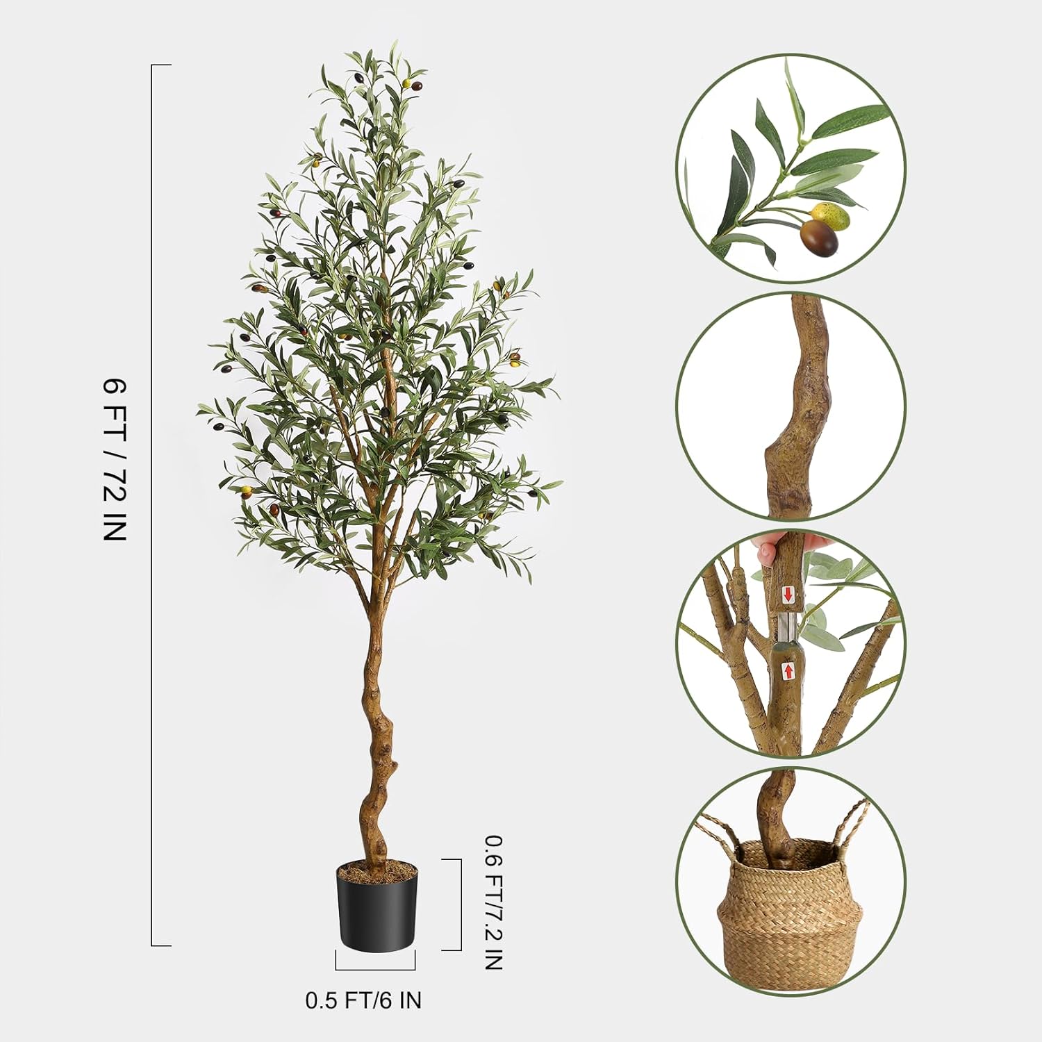 GAOMON 6FT Artificial Olive Tree with Basket and Lifelike Fruits