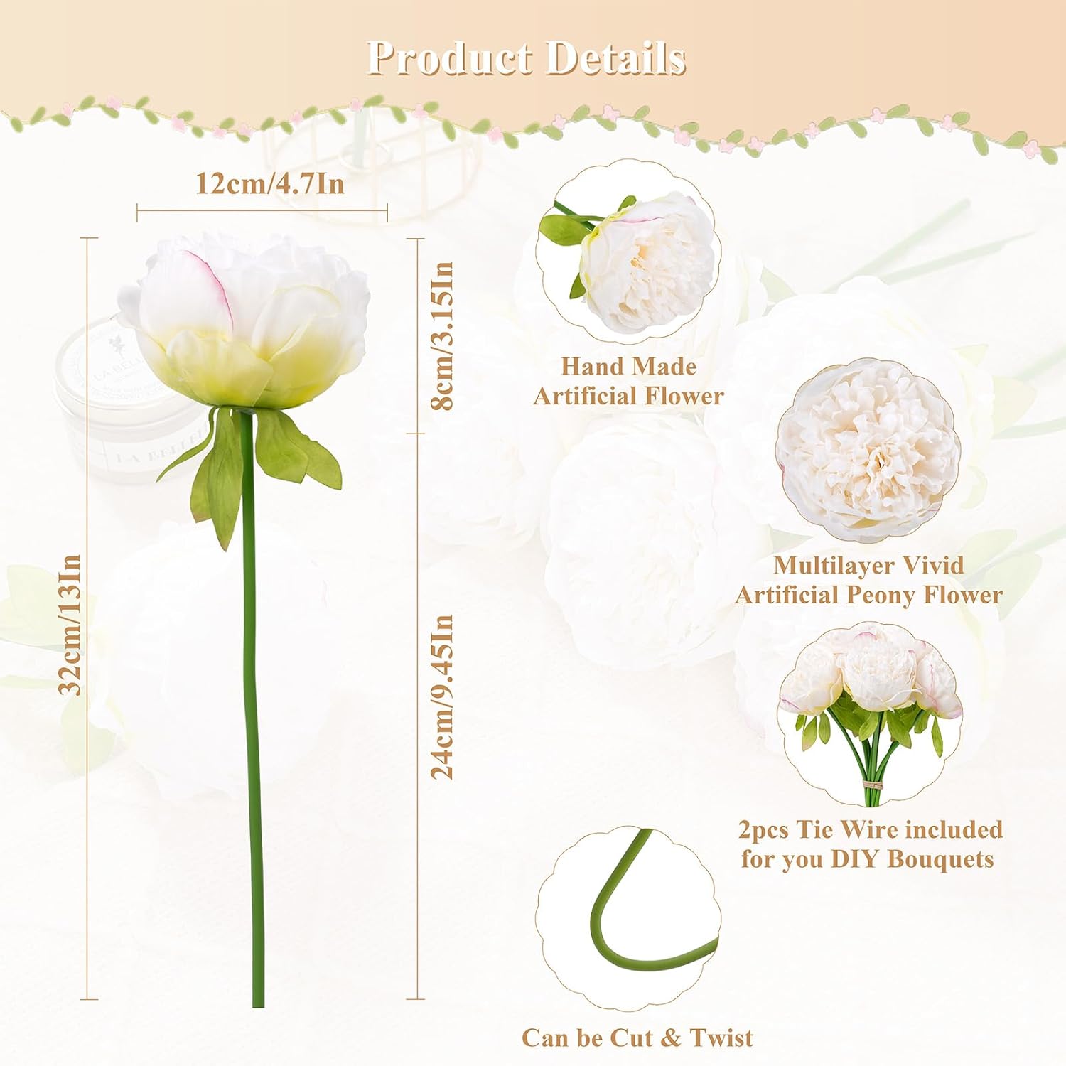 UArtlines 2 Bouquet 10 Heads Artificial Peony Decor Cream White
