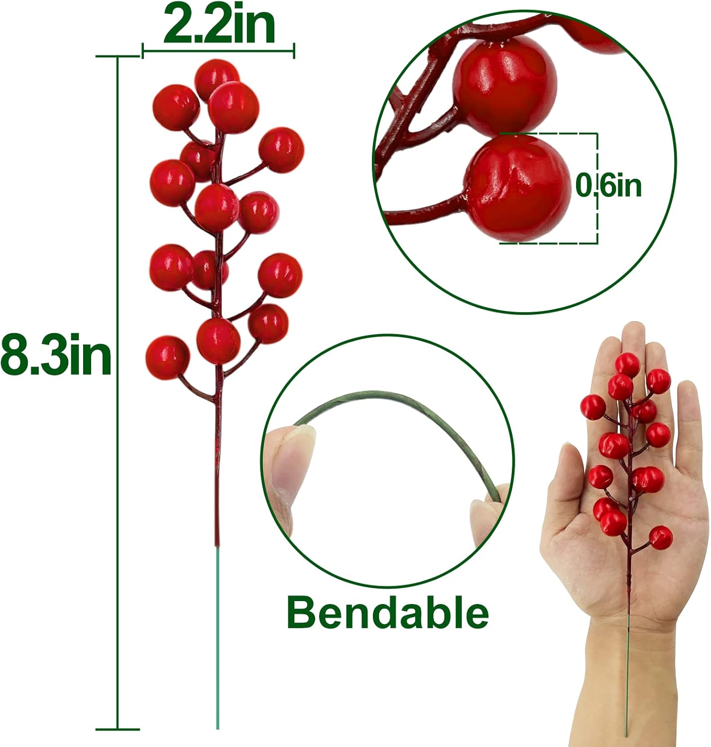 12 Pack Red Berried Holly Branches Christmas Decor