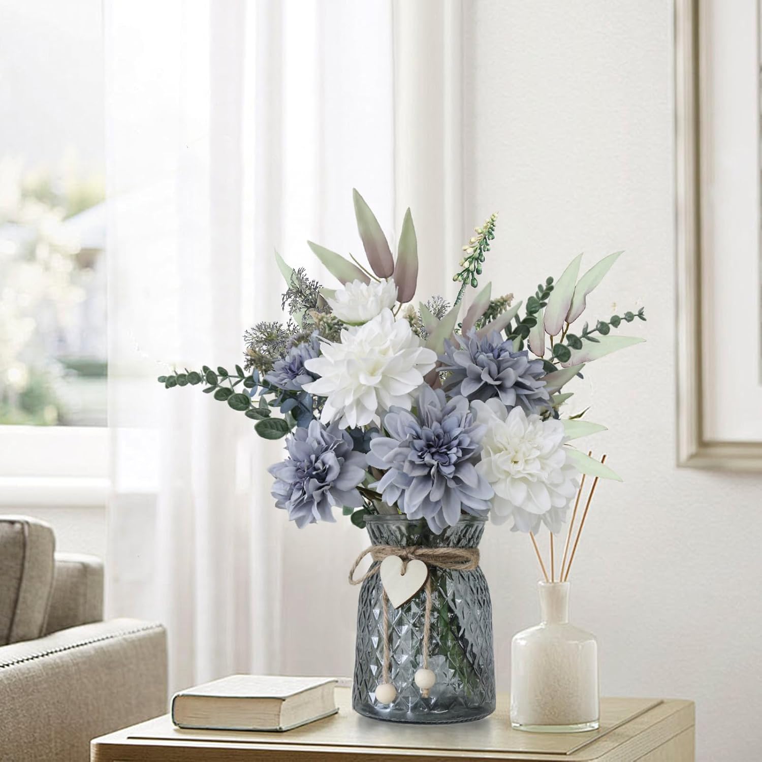 8 Blue and White Artificial Dahlias in Vase with Holder