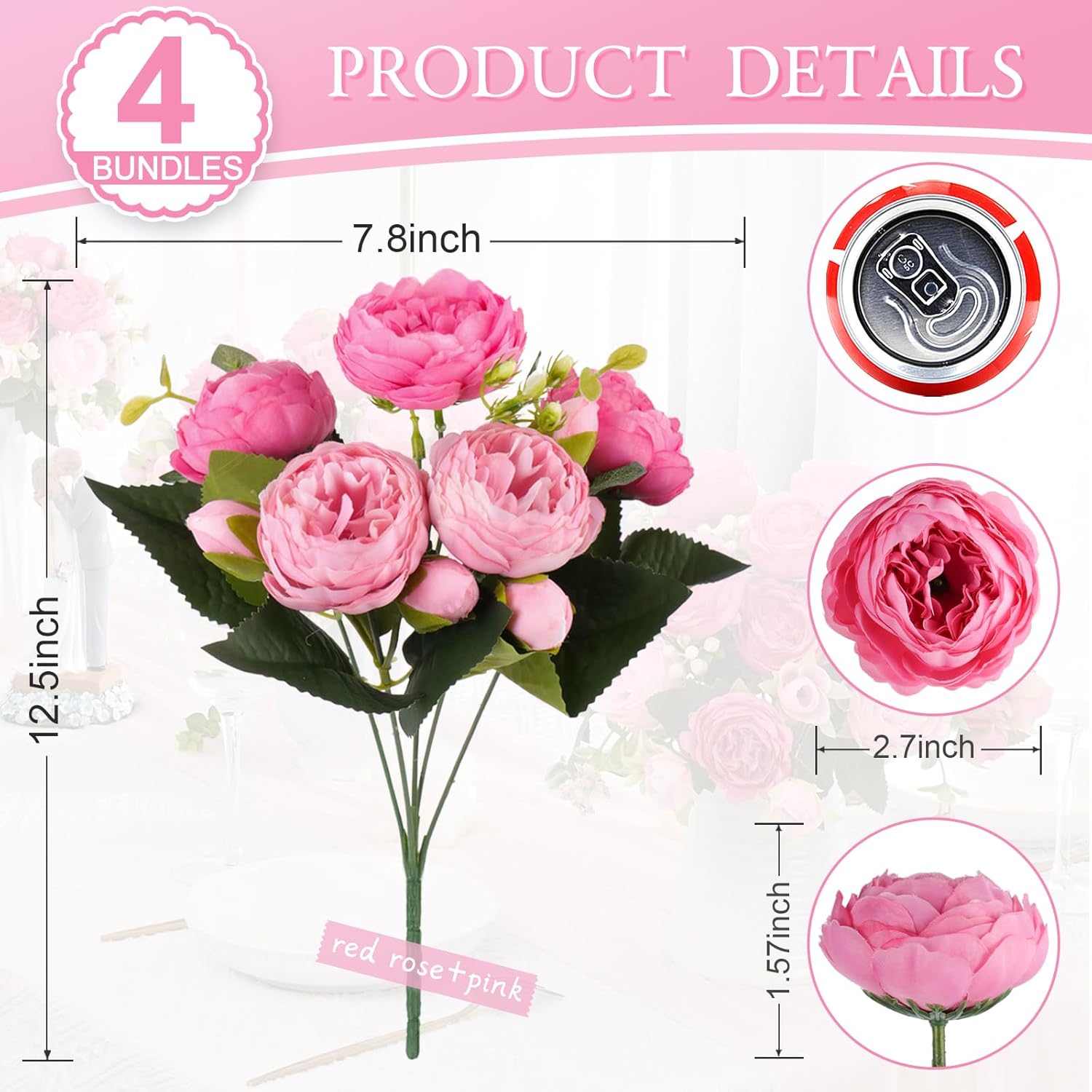 DEEMEI Artificial Peony Flowers Bouquet Set of 4