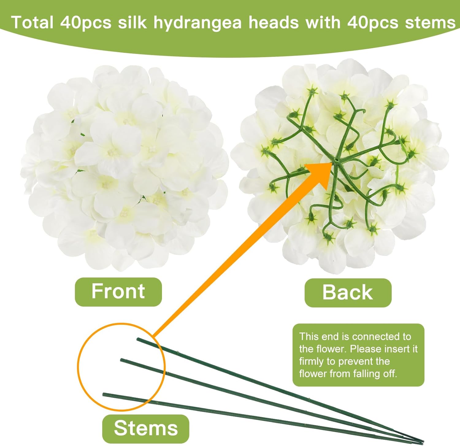 JPSOR 40pcs Artificial Hydrangea Flower Heads with Stems White