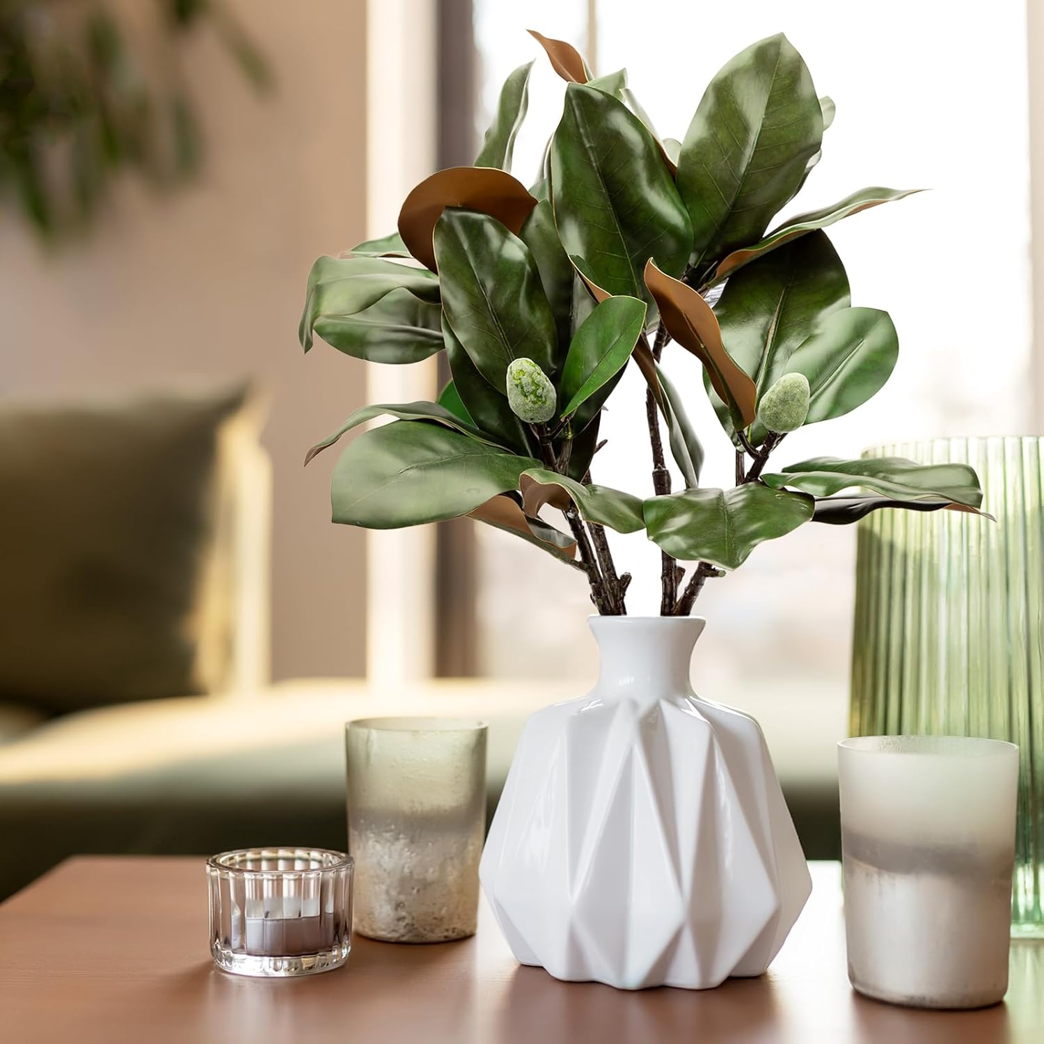 2 Pcs Magnolia Artificial Leaves Branches with Fruit 32 Inch 3D Real Touch