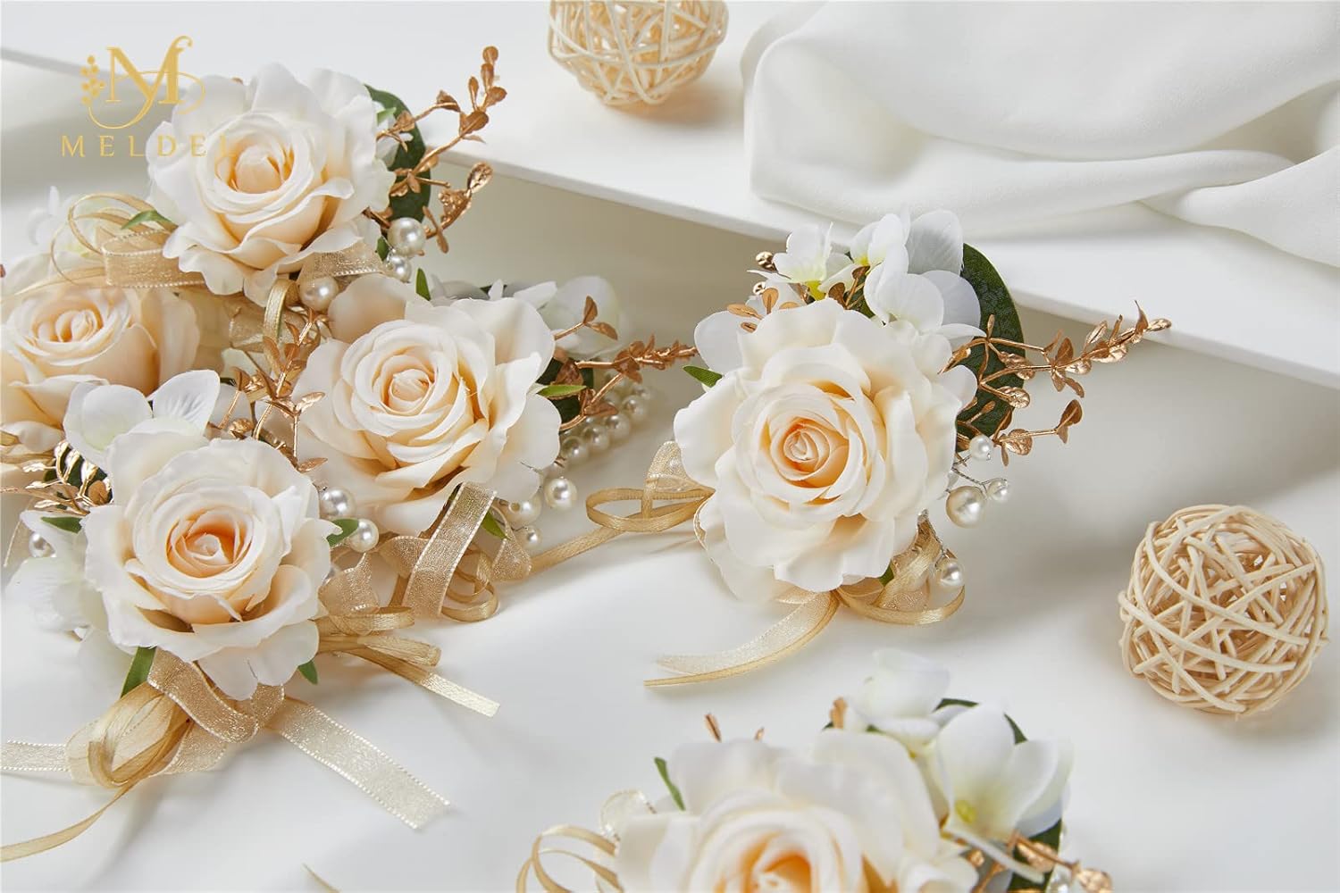 Meldel Artificial Champagne Rose Wrist Corsage Set of 6