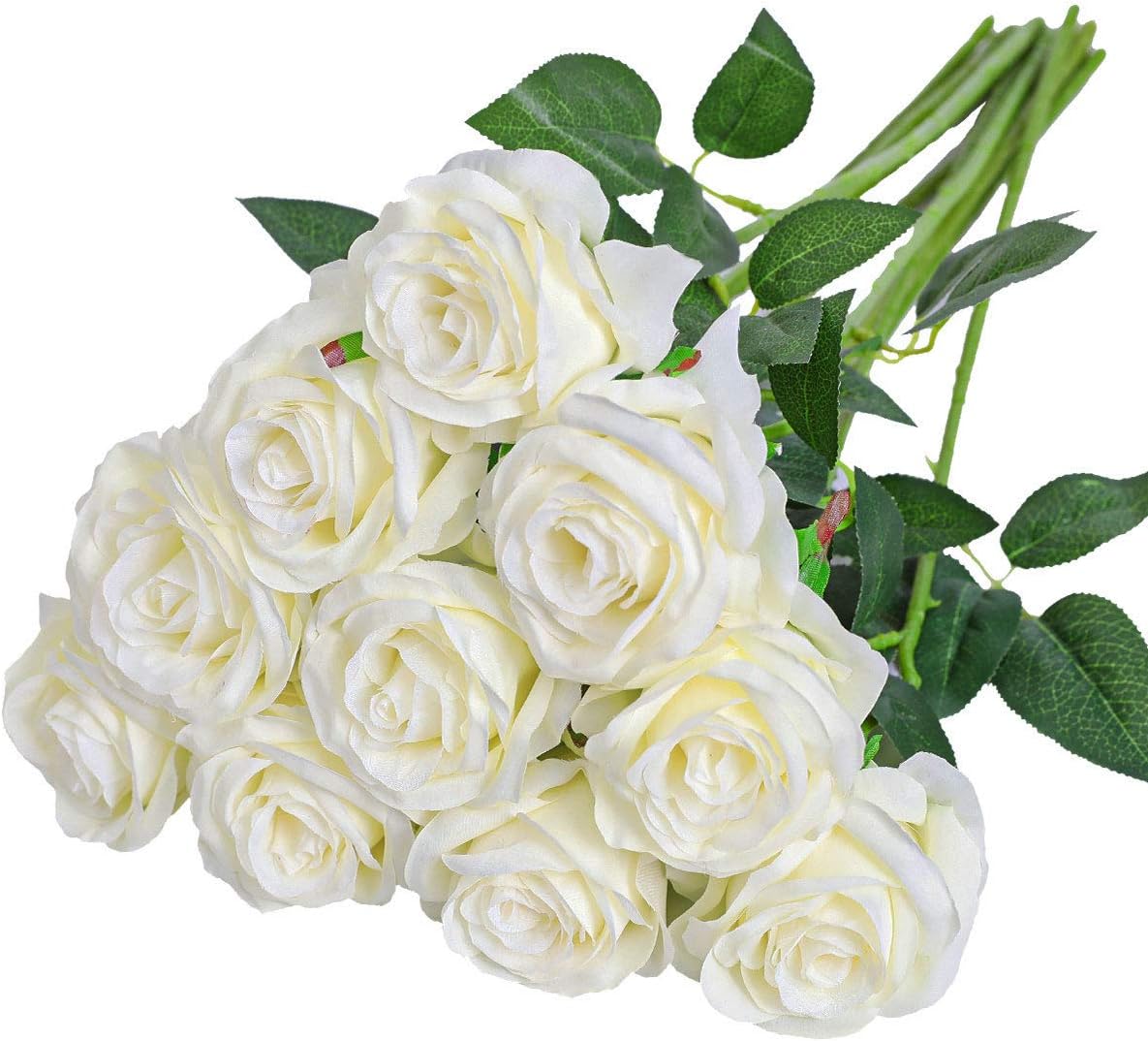 Nubry Artificial Silk White Rose Bouquet 10pcs Lifelike Wedding Decoration