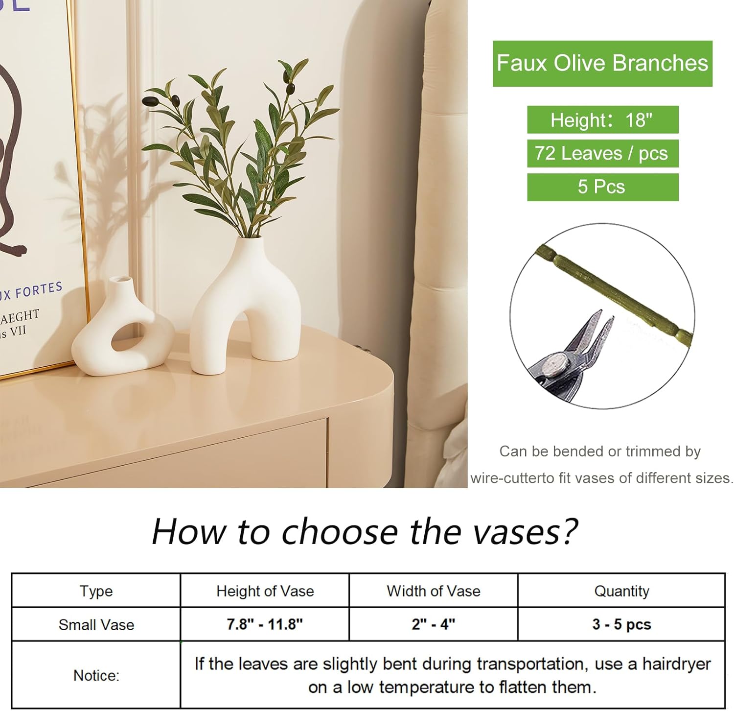 5PCS Artificial Olive Branches 18 Inch for Vase Decor