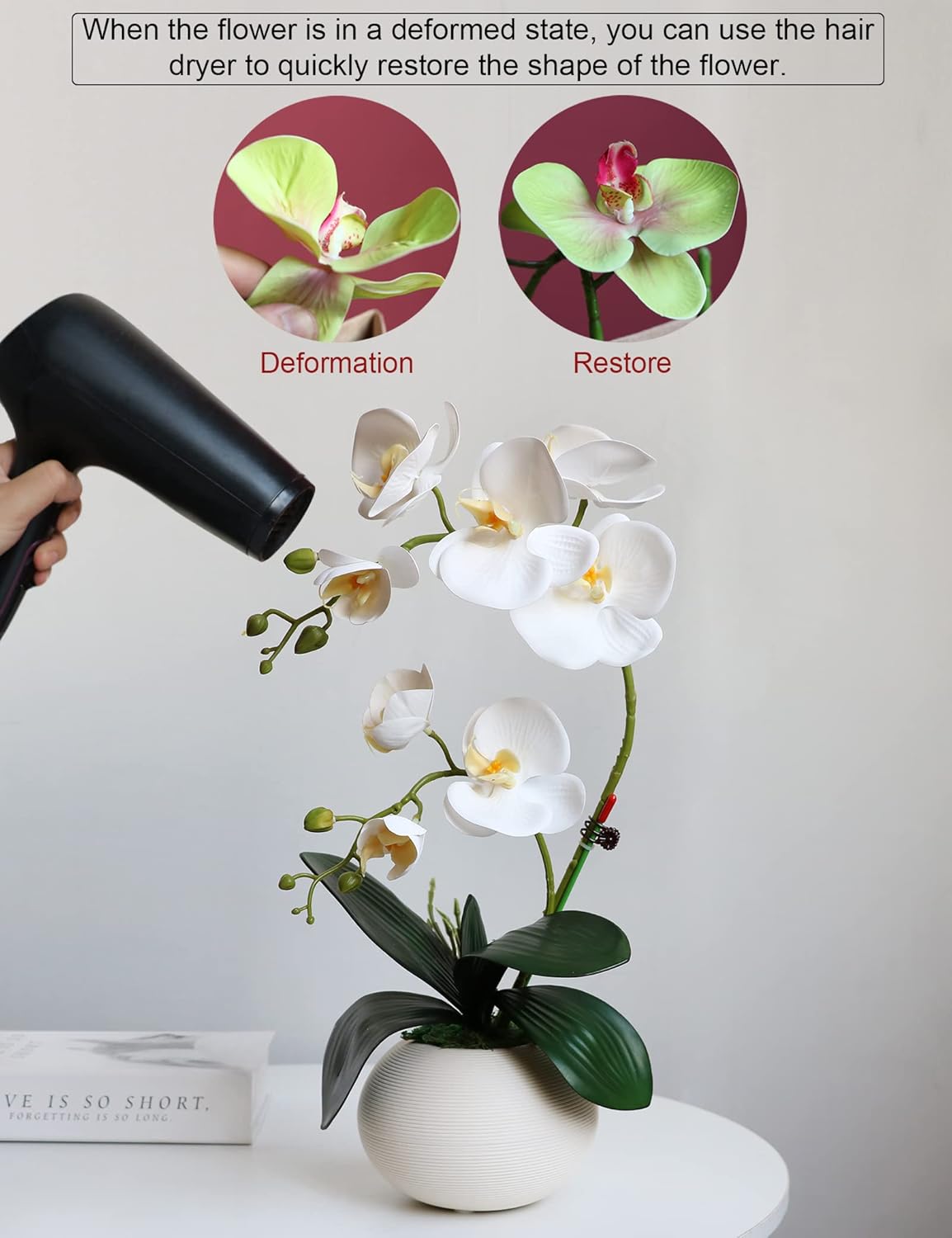 Forlaoers White Real Touch Orchid Artificial Flowers with Vase