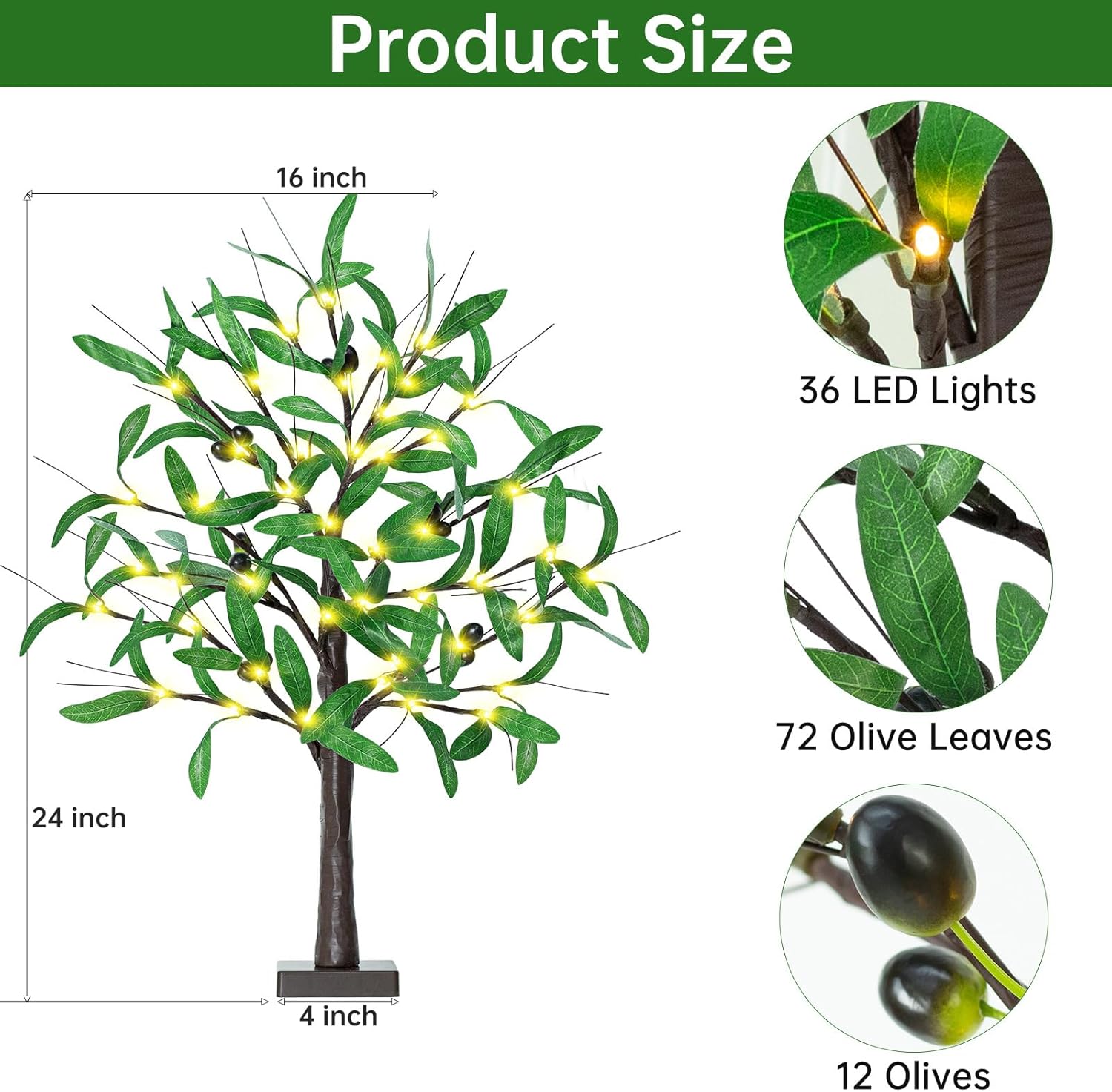 24 Inch Lighted Olive Tree with 36 LED Lights