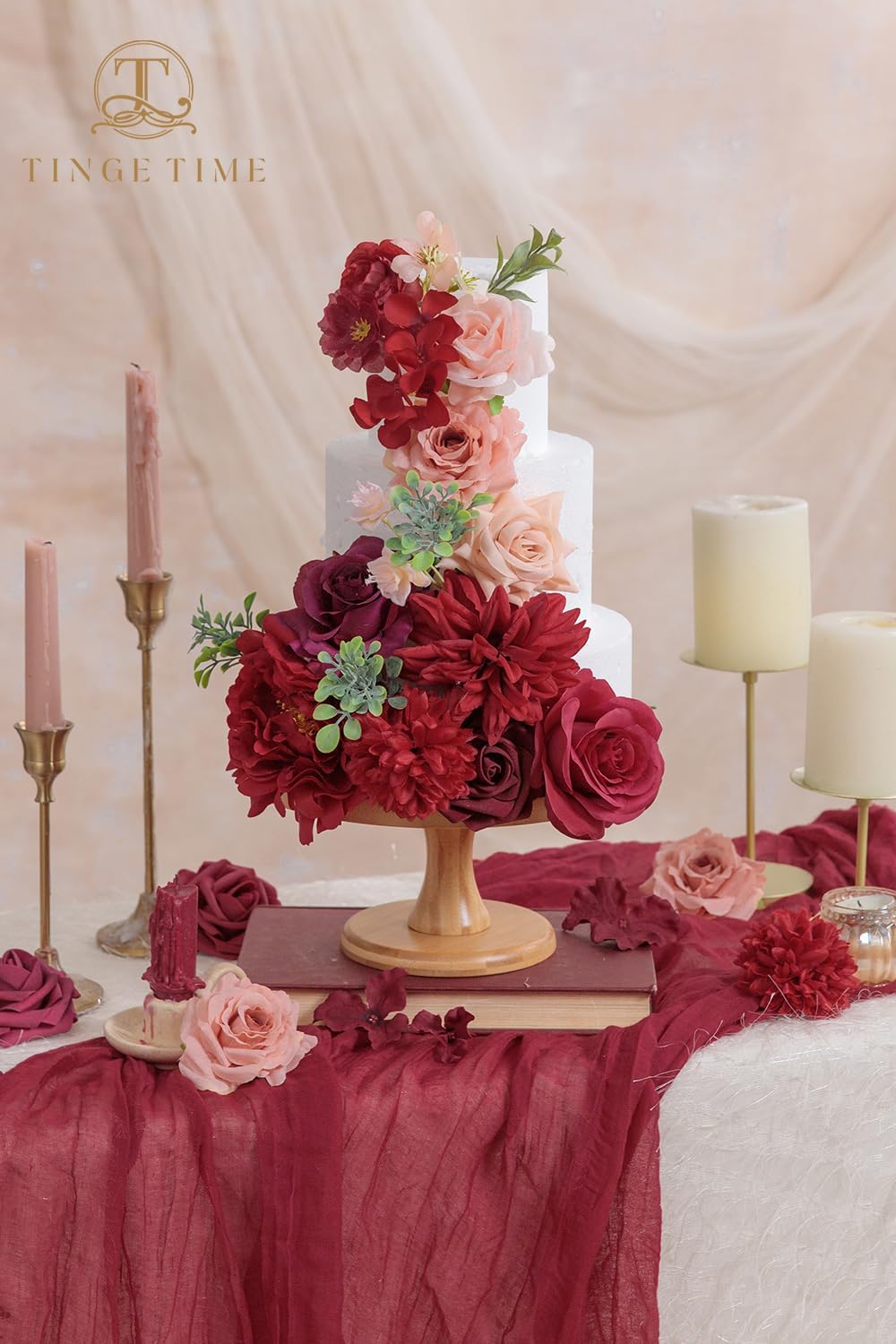 TINGE TIME Burgundy Silk Roses and Dahlias Artificial Flower Set