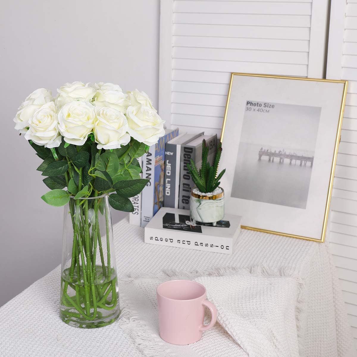 Nubry Artificial Silk White Rose Bouquet 10pcs Lifelike Wedding Decoration