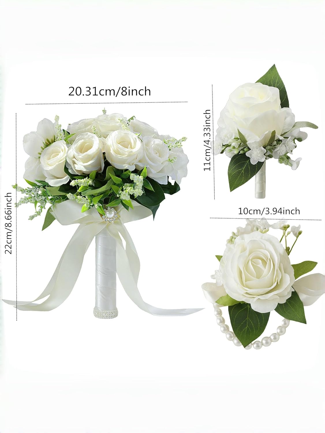 Meldel Ivory Wedding Bouquets Set with Corsage and Boutonniere