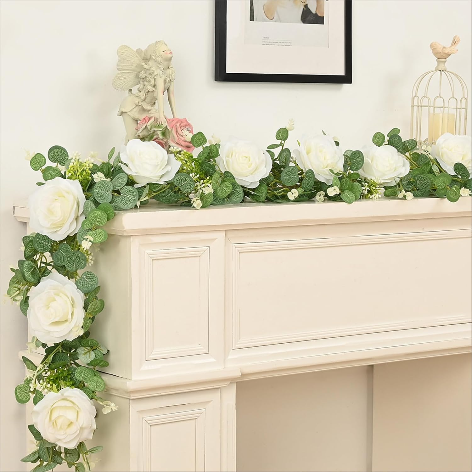 Dolicer Artificial Eucalyptus Garland with Flowers 2Pcs 13Ft White