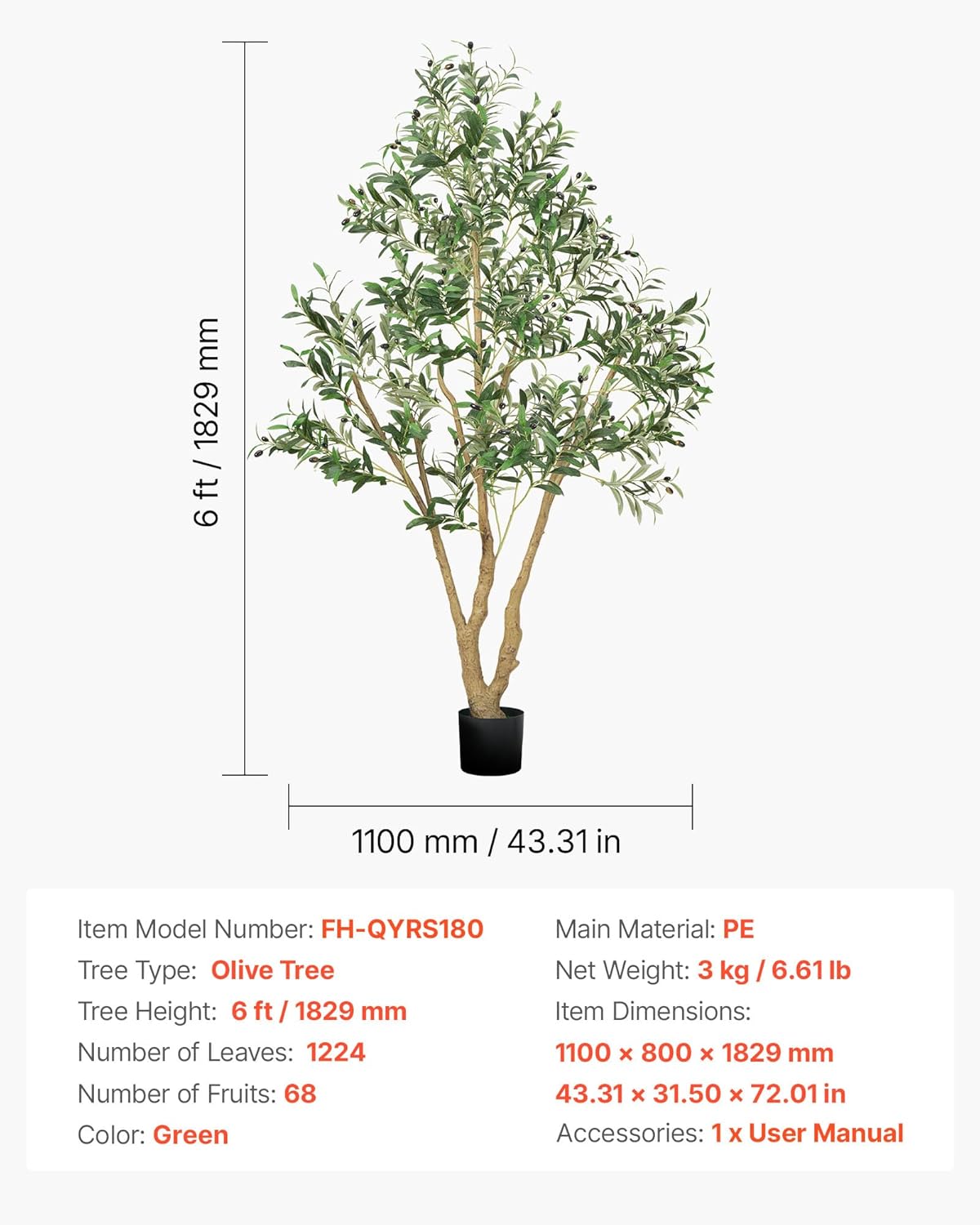 VEVOR 6FT Artificial Olive Tree with Realistic Fruits and Leaves