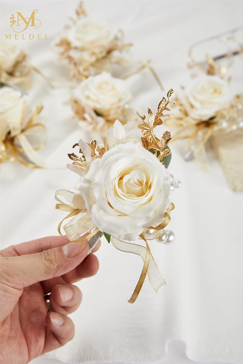 Meldel Champagne Boutonniere Set of 6 for Groom Best Man