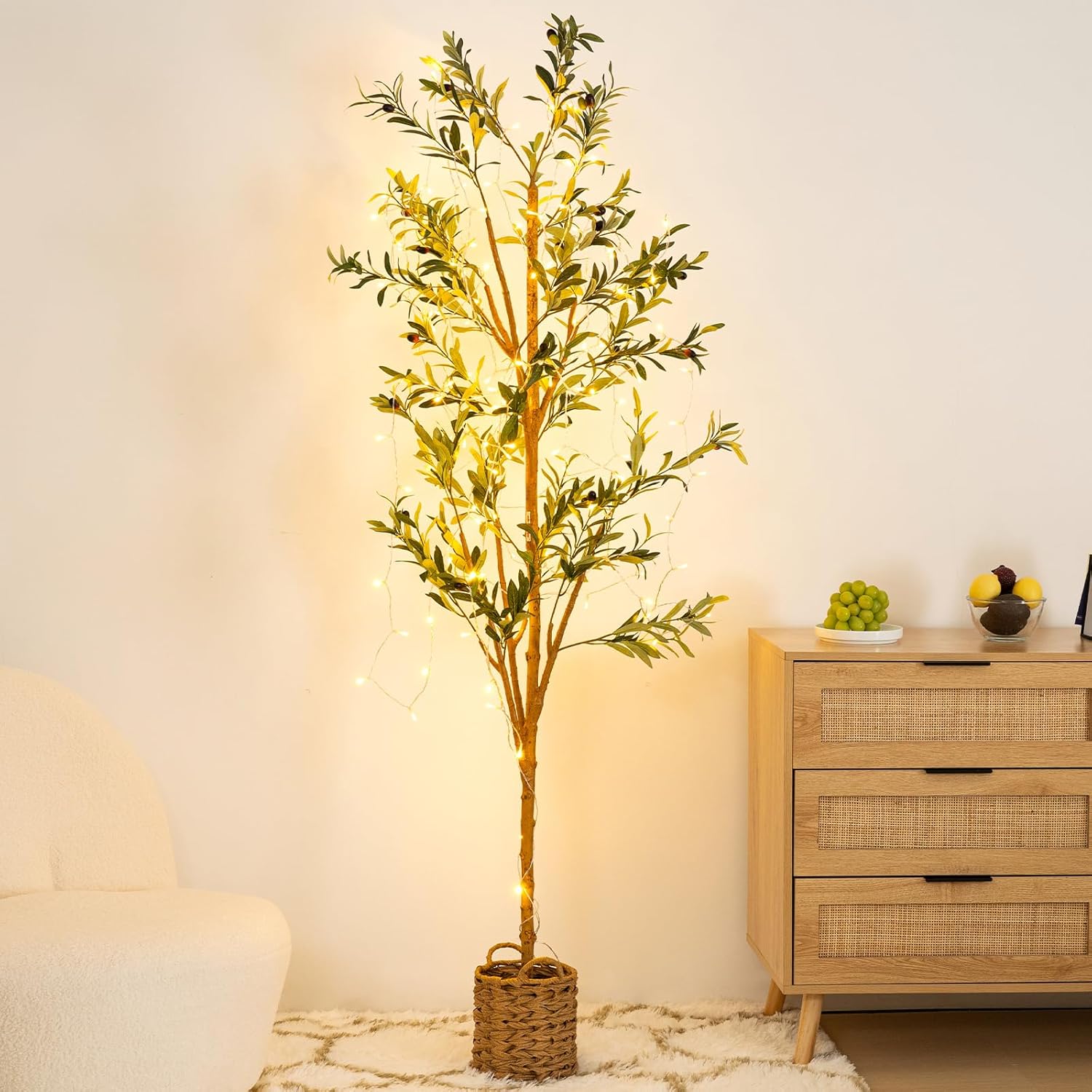 6ft Artificial Olive Tree with LED Lights and Woven Basket