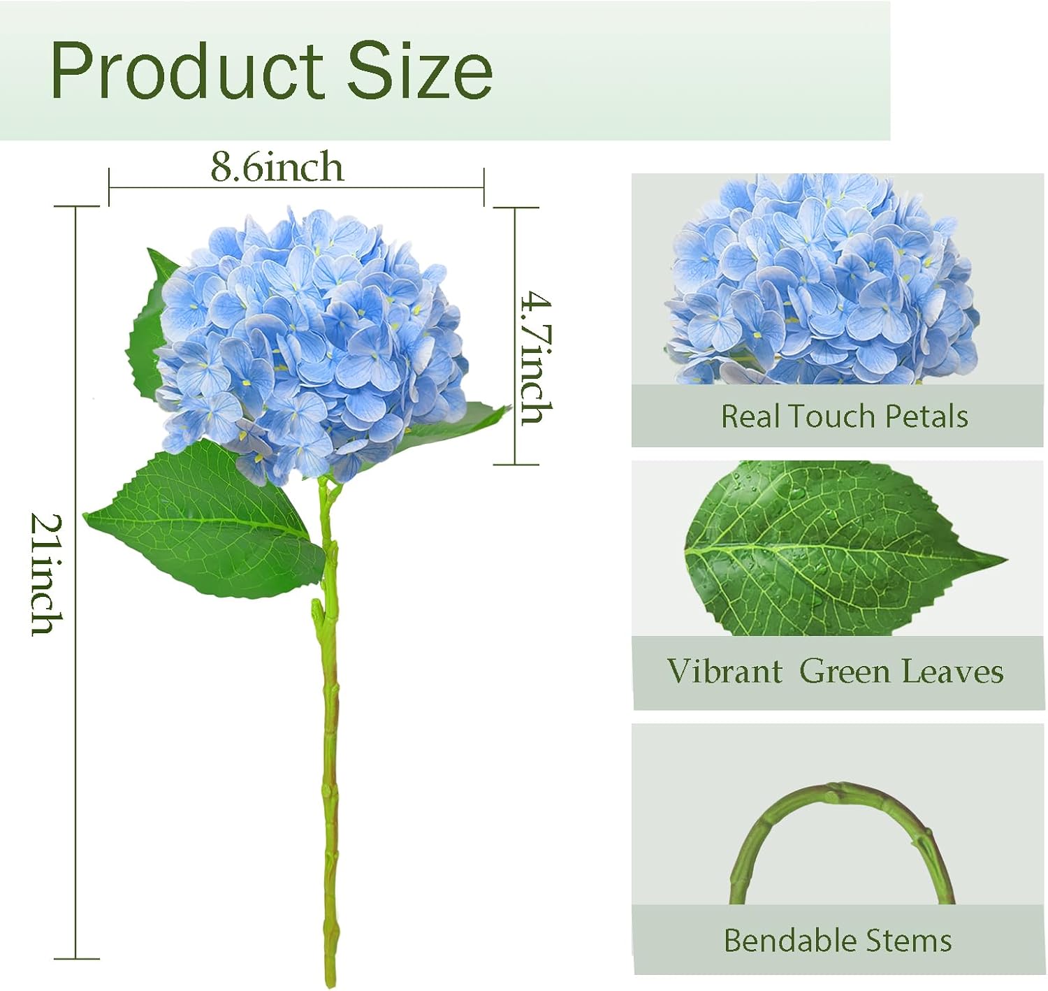 Real Touch Blue Hydrangea Artificial Flowers 3 Pcs