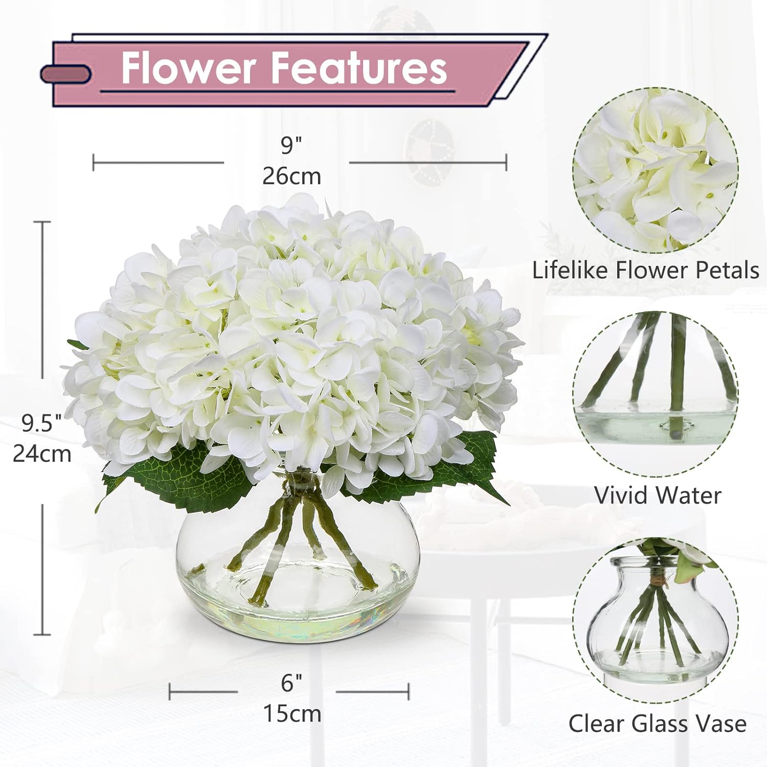 Hollyone Artificial Hydrangea Flowers with Glass Vase