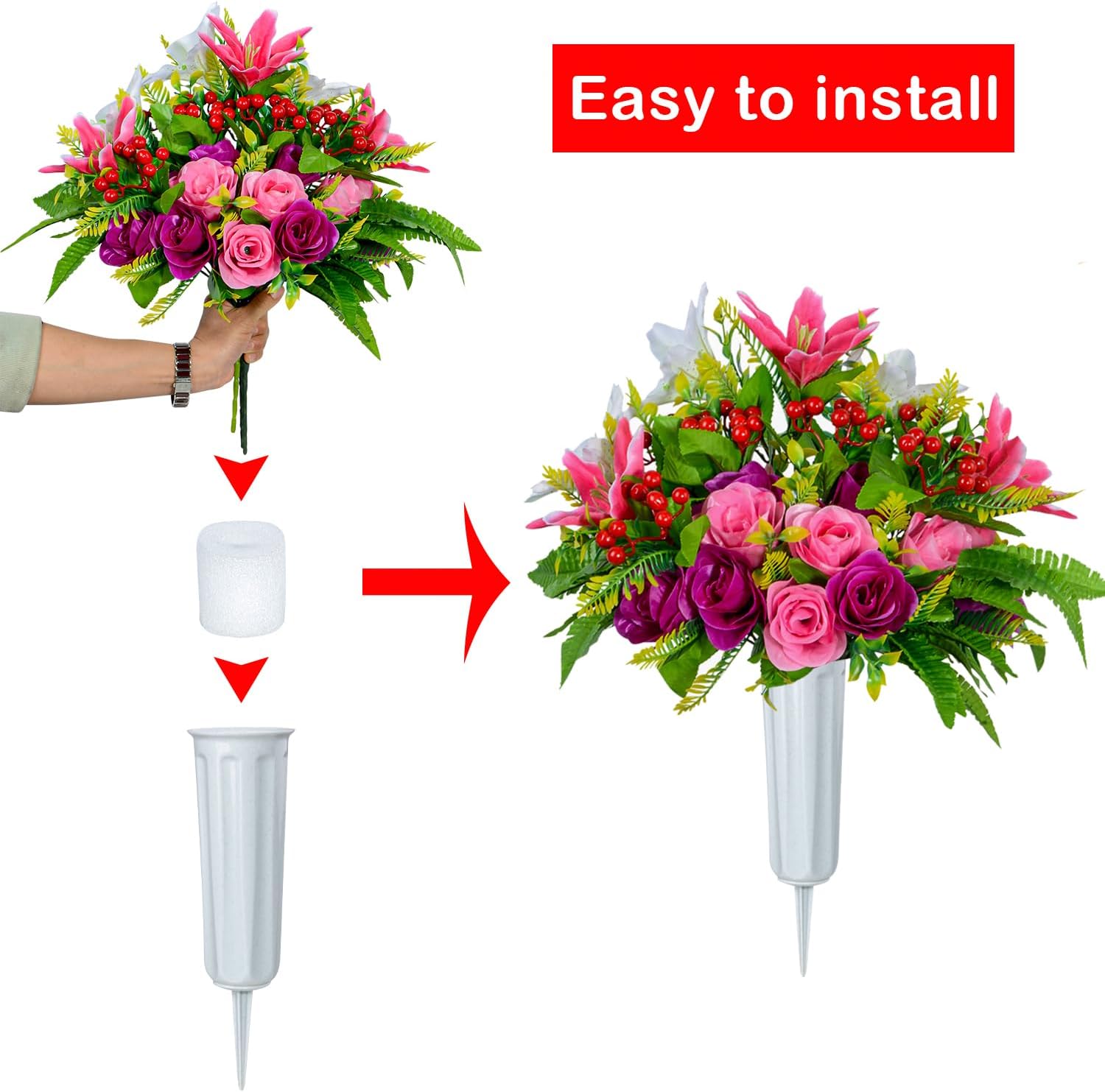 XONOR Artificial Cemetery Flowers with Vase Set of 2