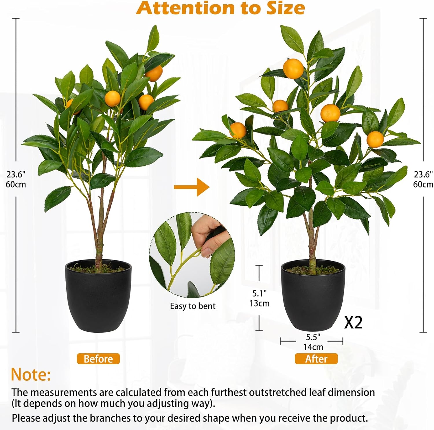 2 Ft Artificial Orange Trees 2 Pack with Black Pots