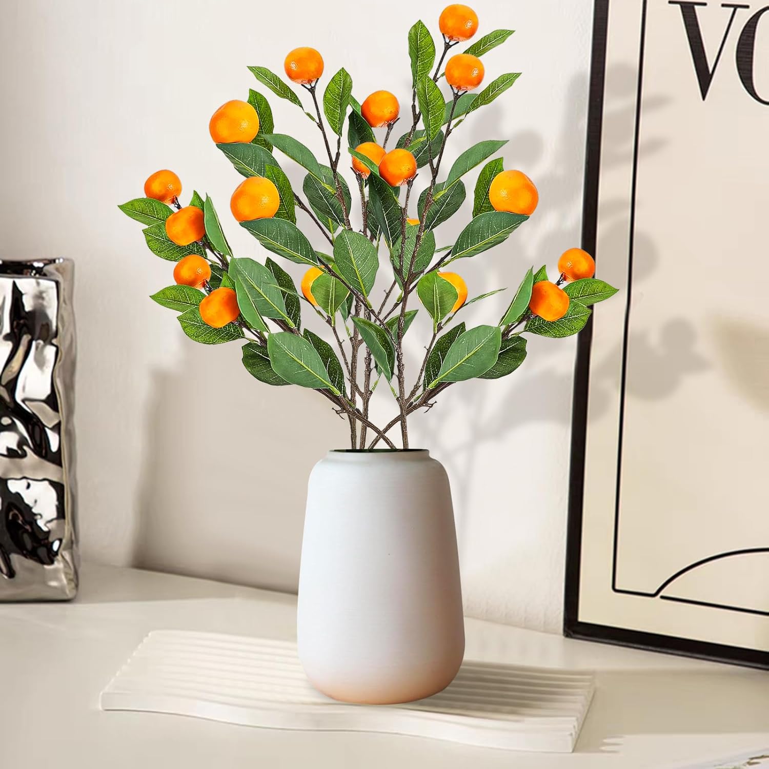 3Pcs Artificial Orange Branches with Realistic Fruits and Green Leaves