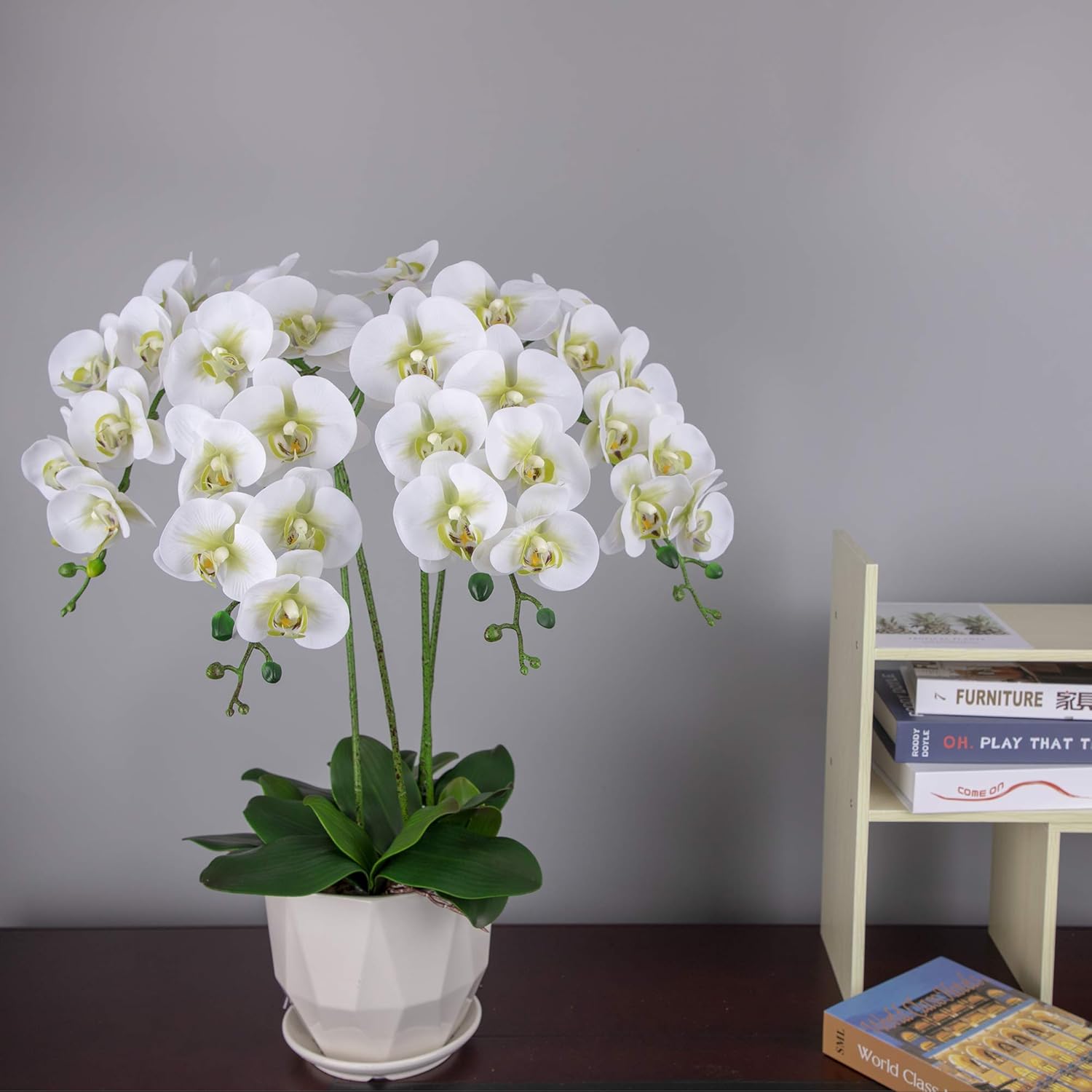 Fnize Faux Orchid Stems Artificial Phalaenopsis Flowers 38 Inches 2pcs Green White
