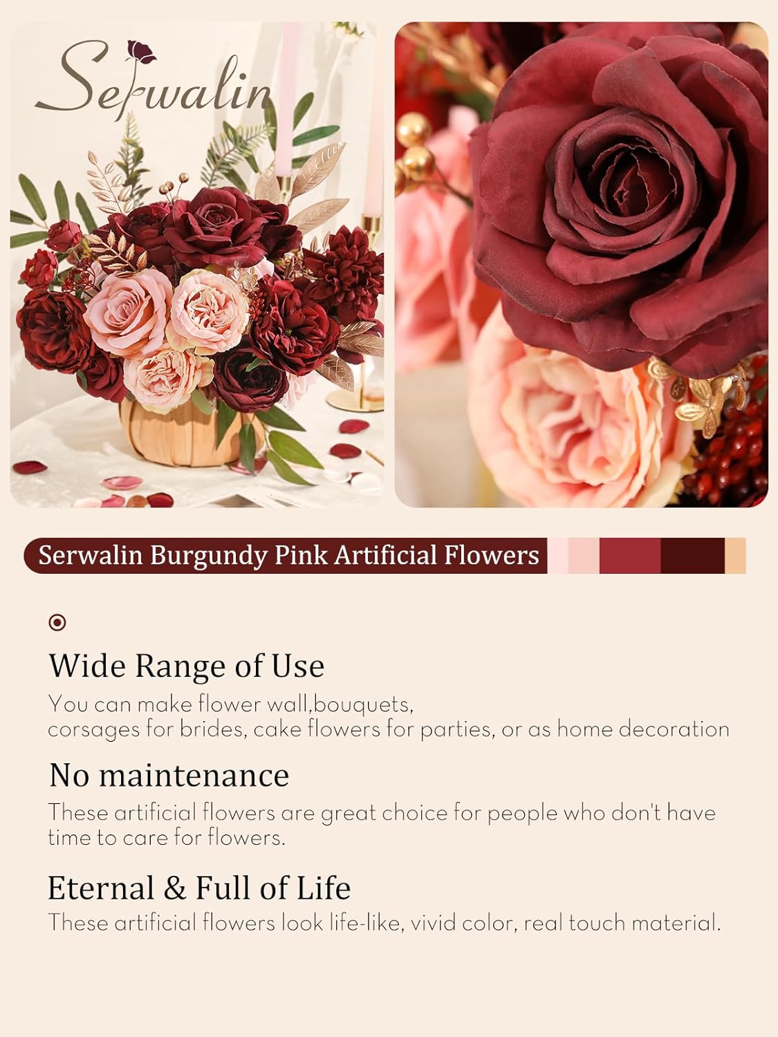 Serwalin Artificial Flowers Burgundy Pink for Wedding Decorations