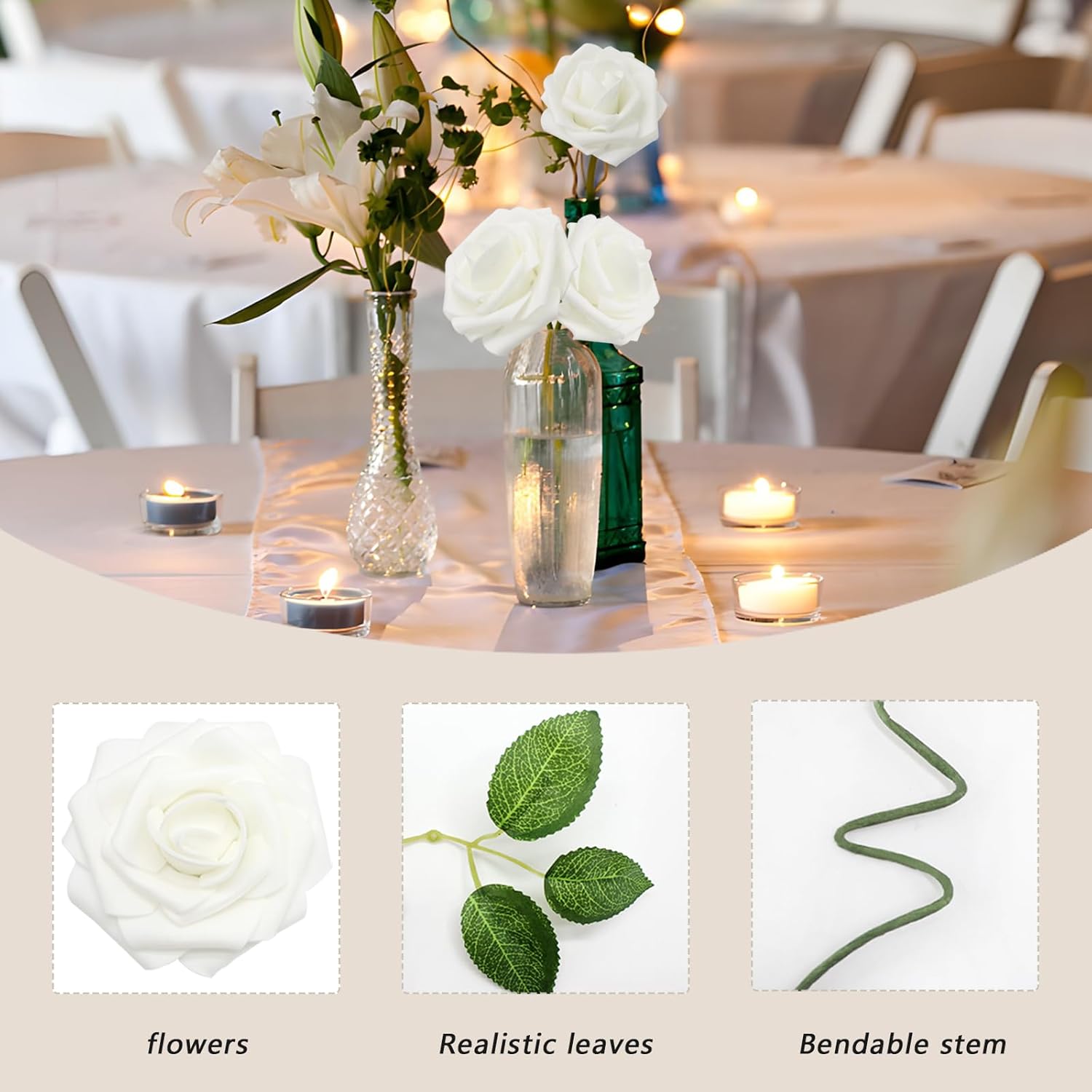 White Roses Artificial Flowers 100PCS for Wedding Decor