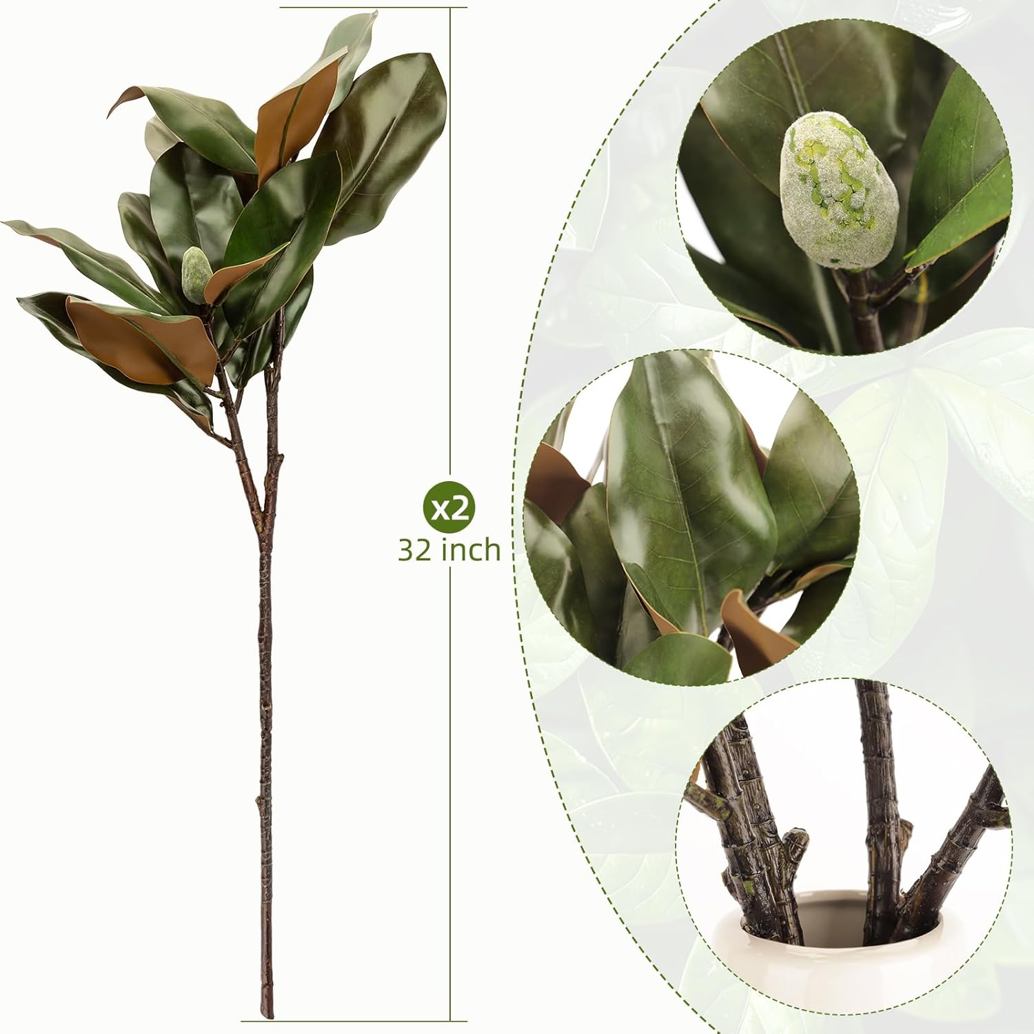 2 Pcs Magnolia Artificial Leaves Branches with Fruit 32 Inch 3D Real Touch
